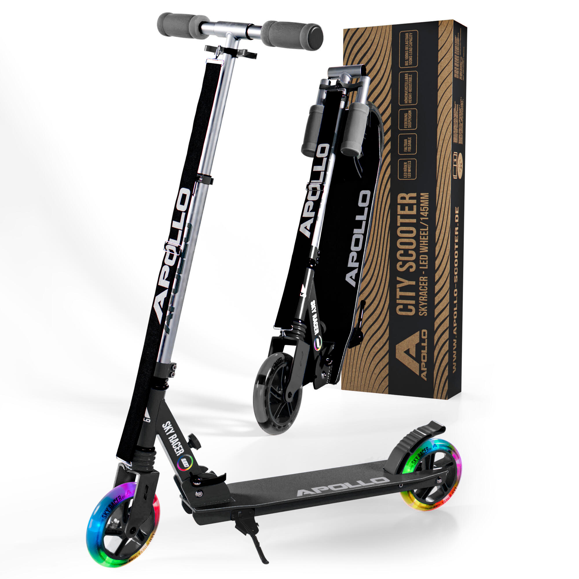 Apollo SkyRacer Hulajnoga 145 mm składana z amortyzacją i kołami LED