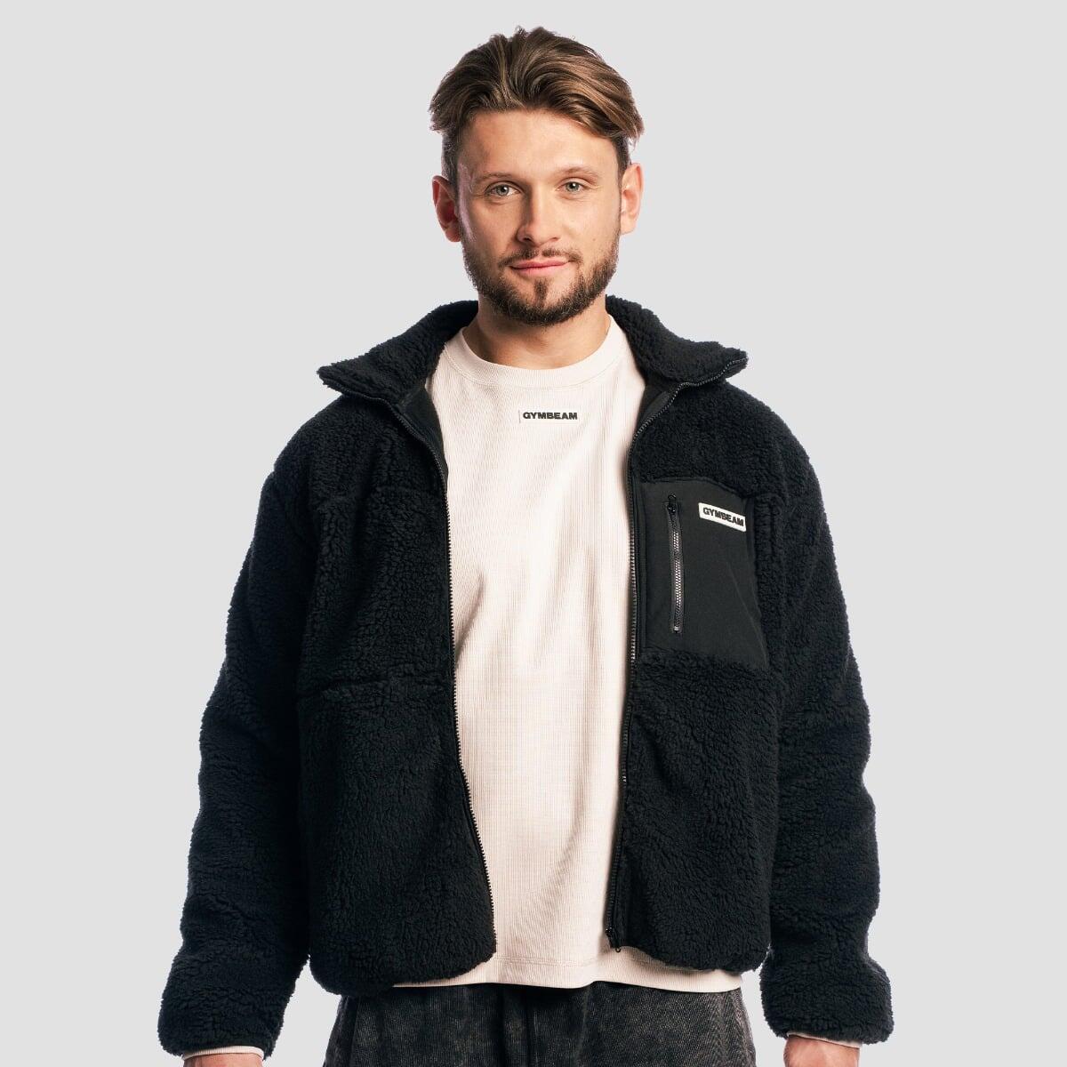 Kurtka męska fitness oversize z zamkiem czarna Sherpa