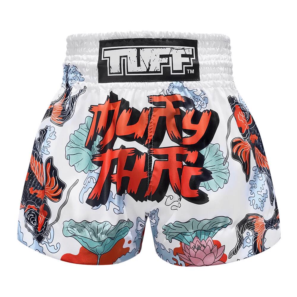 Spodenki treningowe TUFF White Japanese Koi Fish With Muay Thai Text