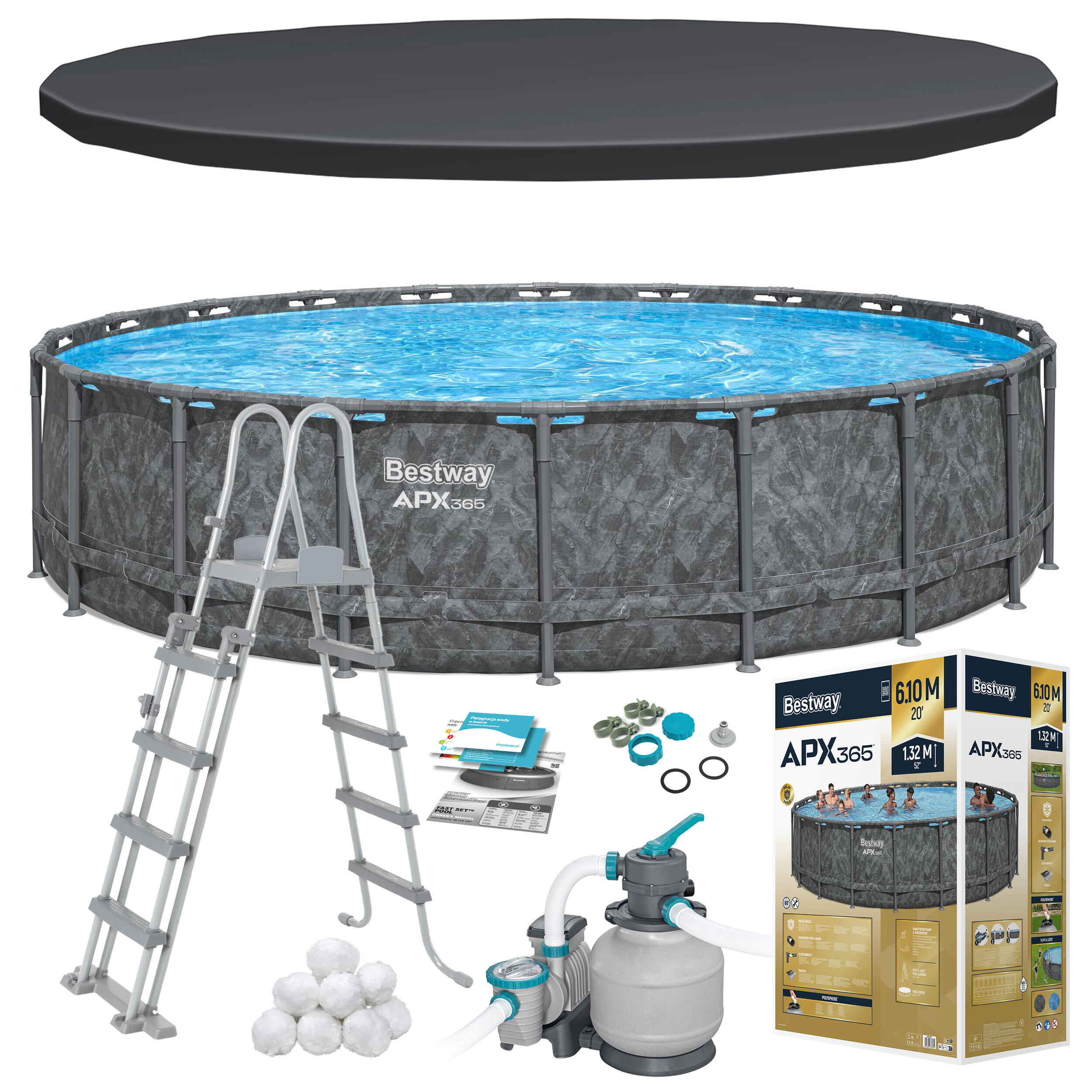 Basen stelażowy ogrodowy Bestway całoroczny 610x132 cm APX zestaw 11w1