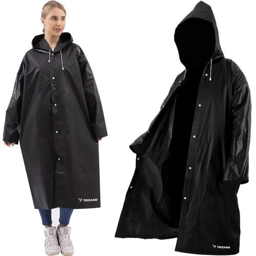 Płaszcz przeciwdeszczowy z kapturem, unisex, wodoodporny, czarny