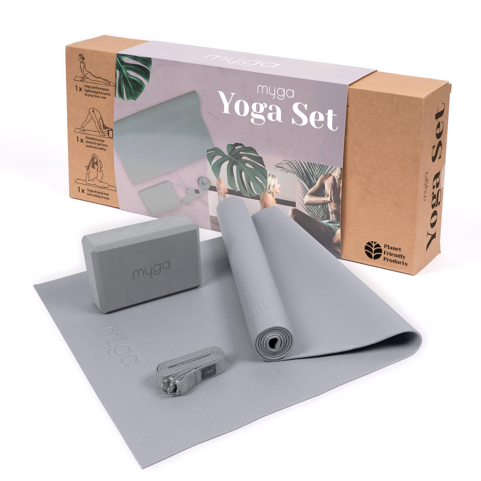 Zestaw do jogi myga Yoga Starter Kit: mata, klocek, pasek - szary
