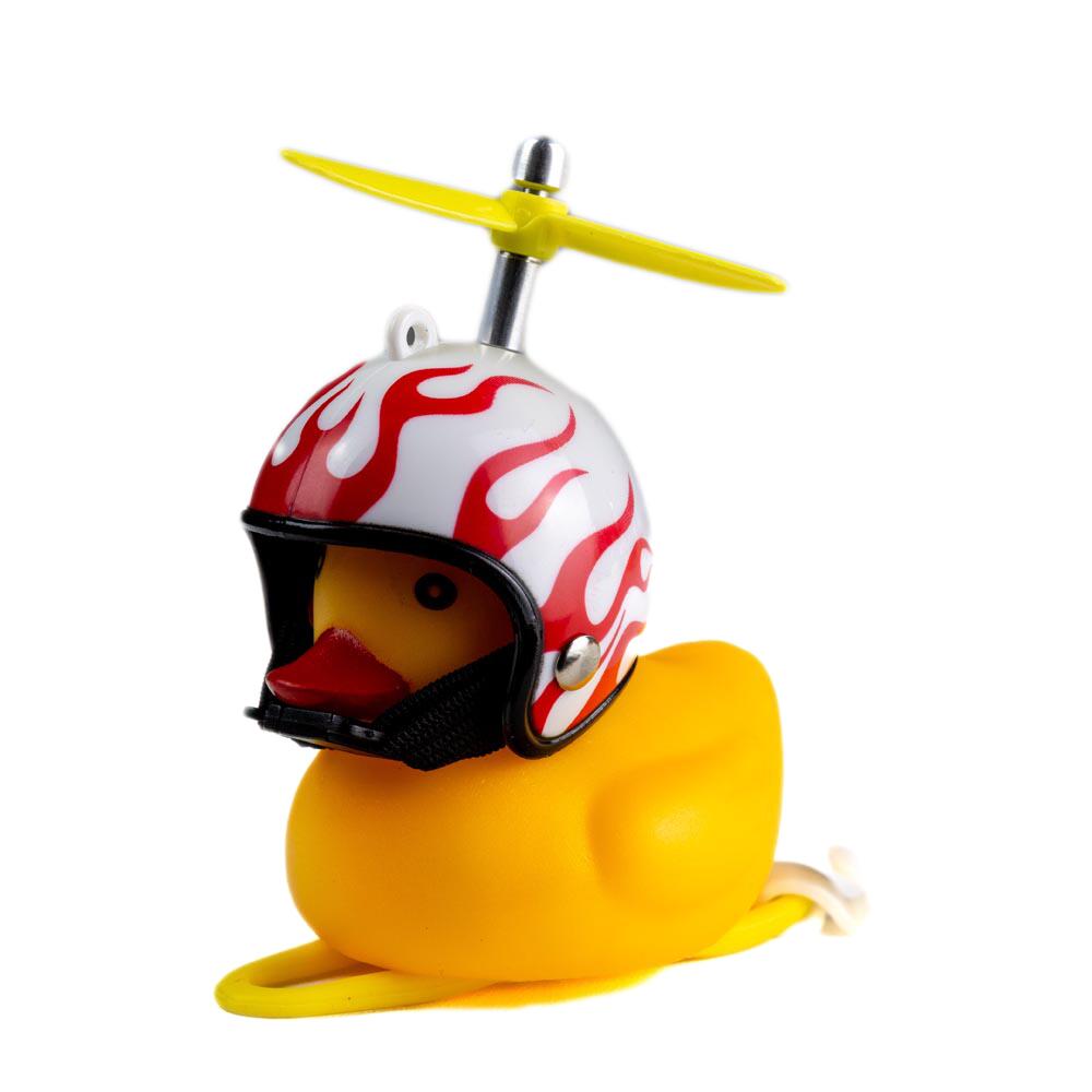 Dzwonek rowerowy, lampka kaczka biały kask z płomieniem ROXAR