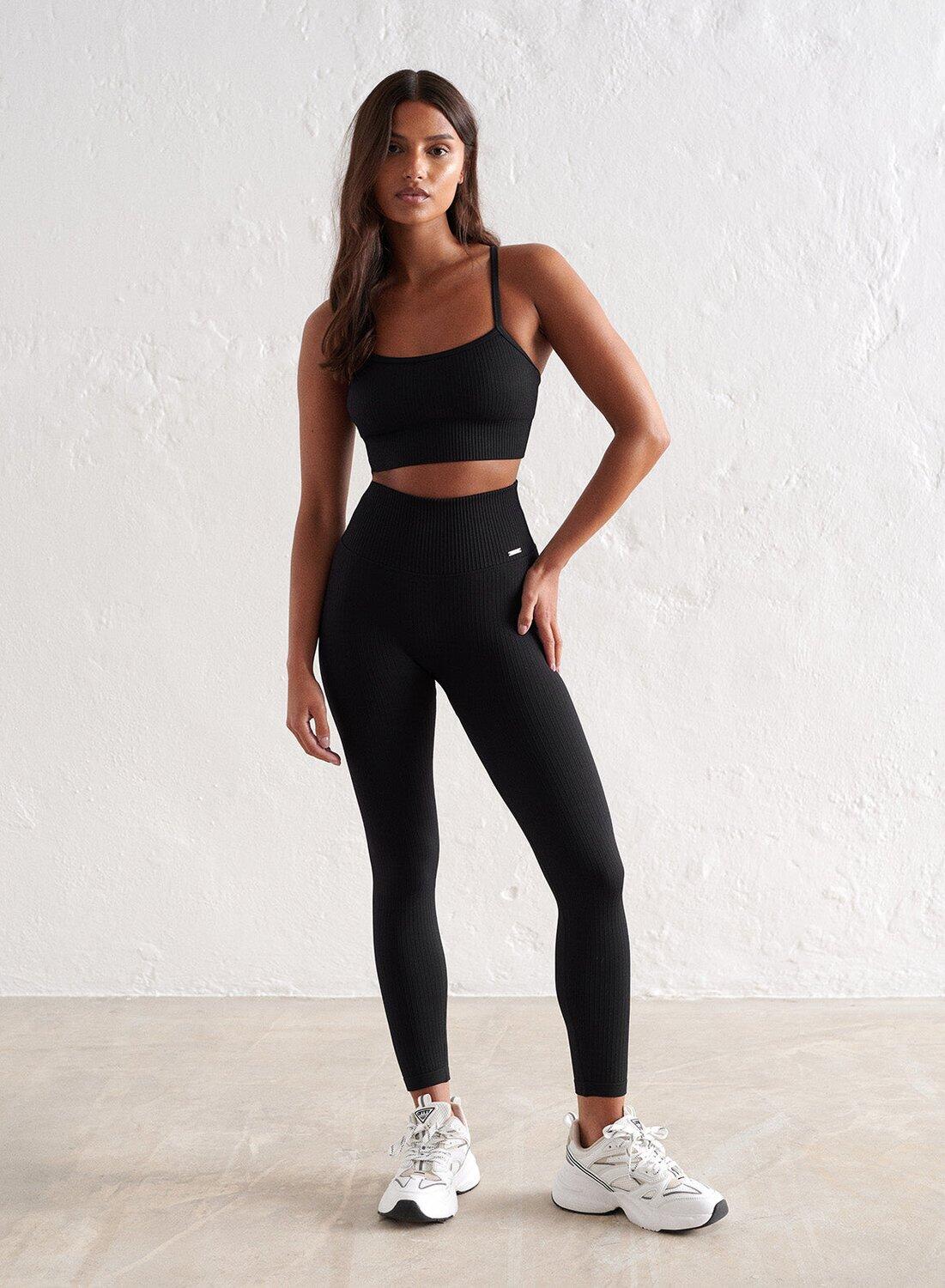 Damskie legginsy prążkowane, bezszwowe, wysoki stan, squat proof, petite czarne