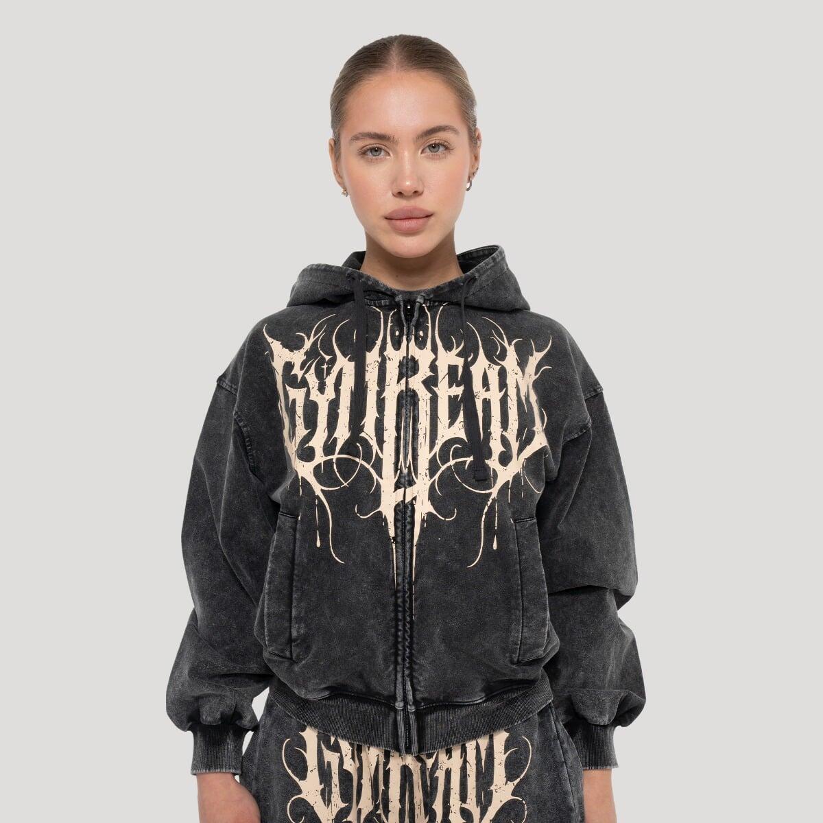 Bluza damska fitness z kapturem i zamkiem grafitowa Abyss
