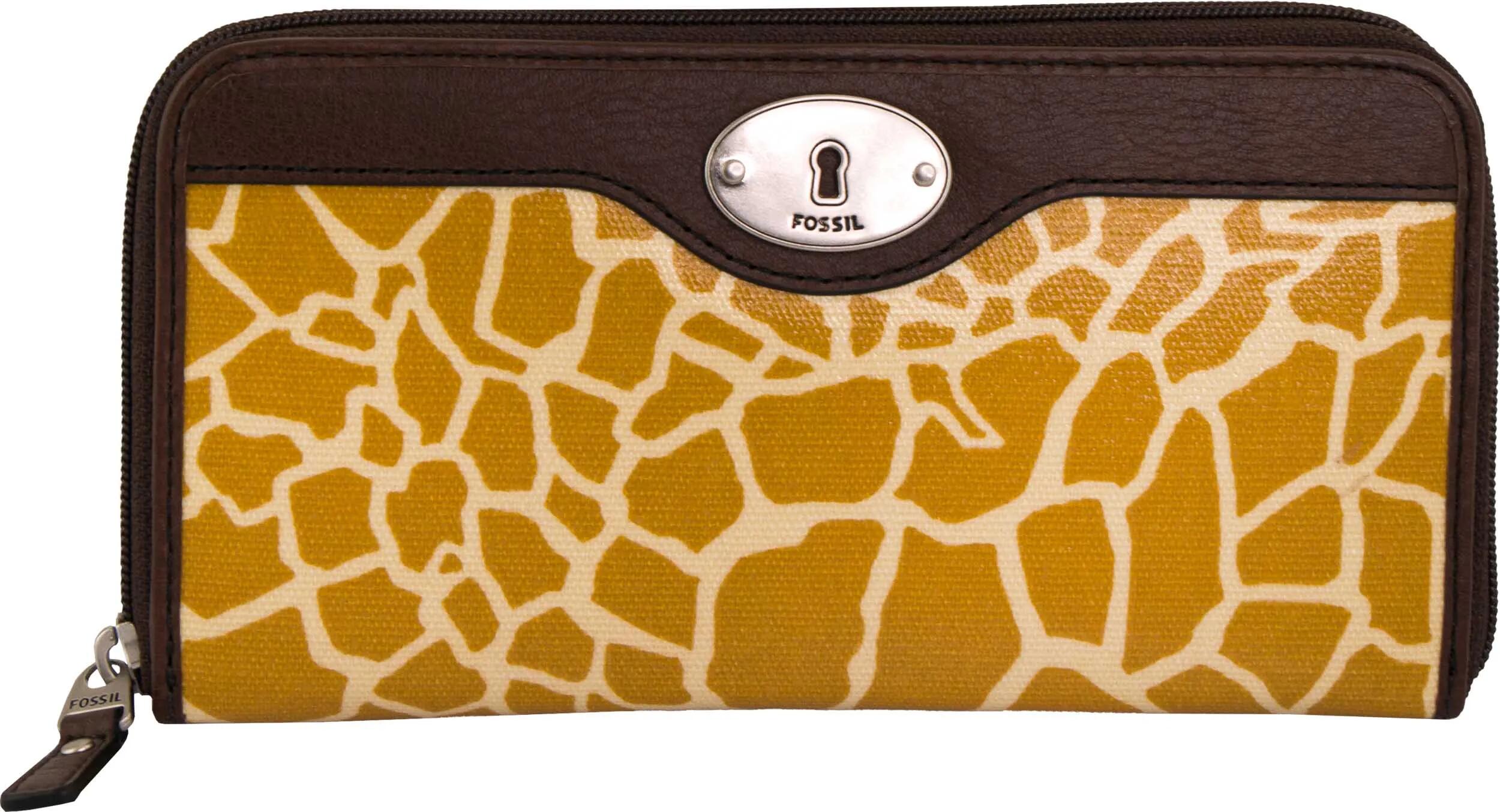 Portfel damski Fossil skóra zamek clutch żyrafa brązowy