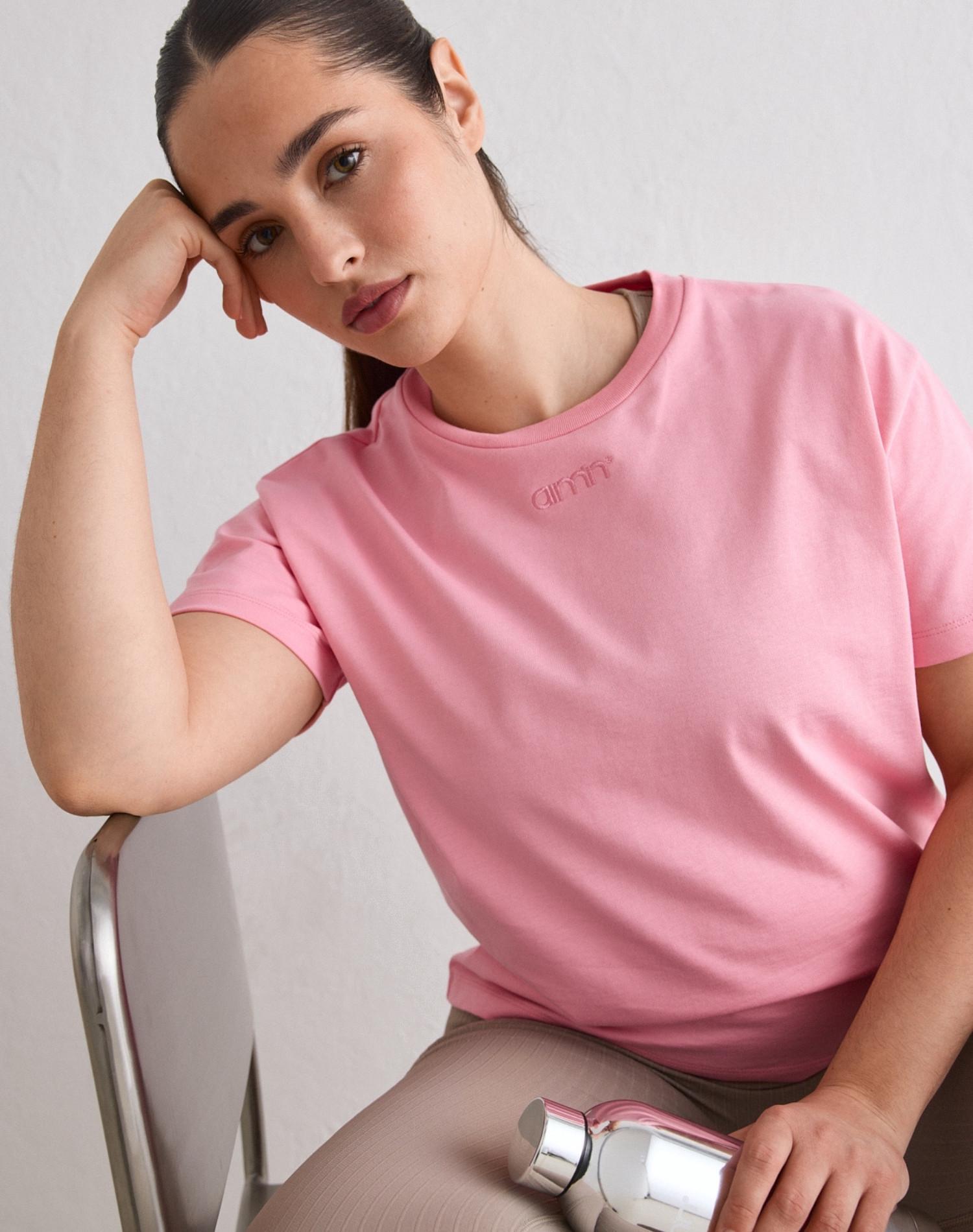 Damski T-shirt pudełkowy, z bawełny organicznej, haftowane logo Boxy różowy