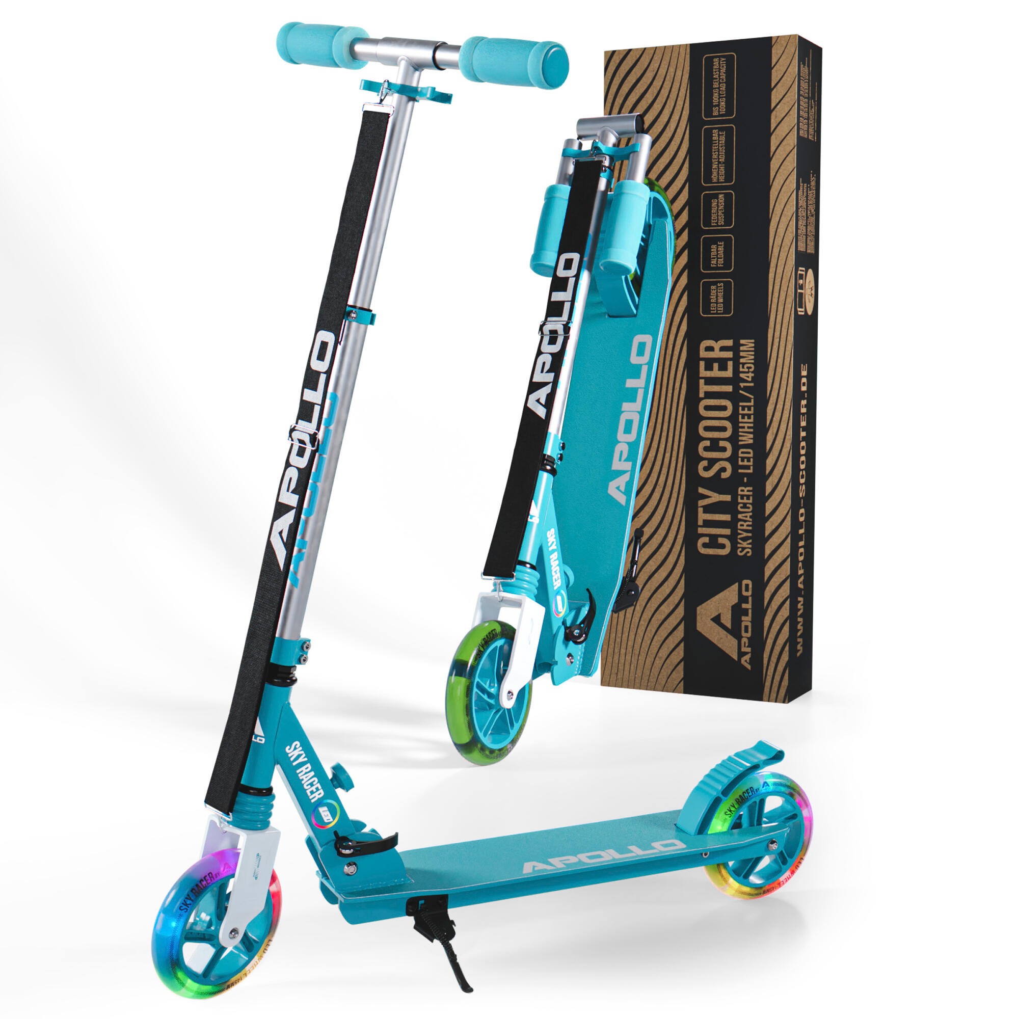 Apollo SkyRacer Hulajnoga 145 mm składana z amortyzacją i kołami LED