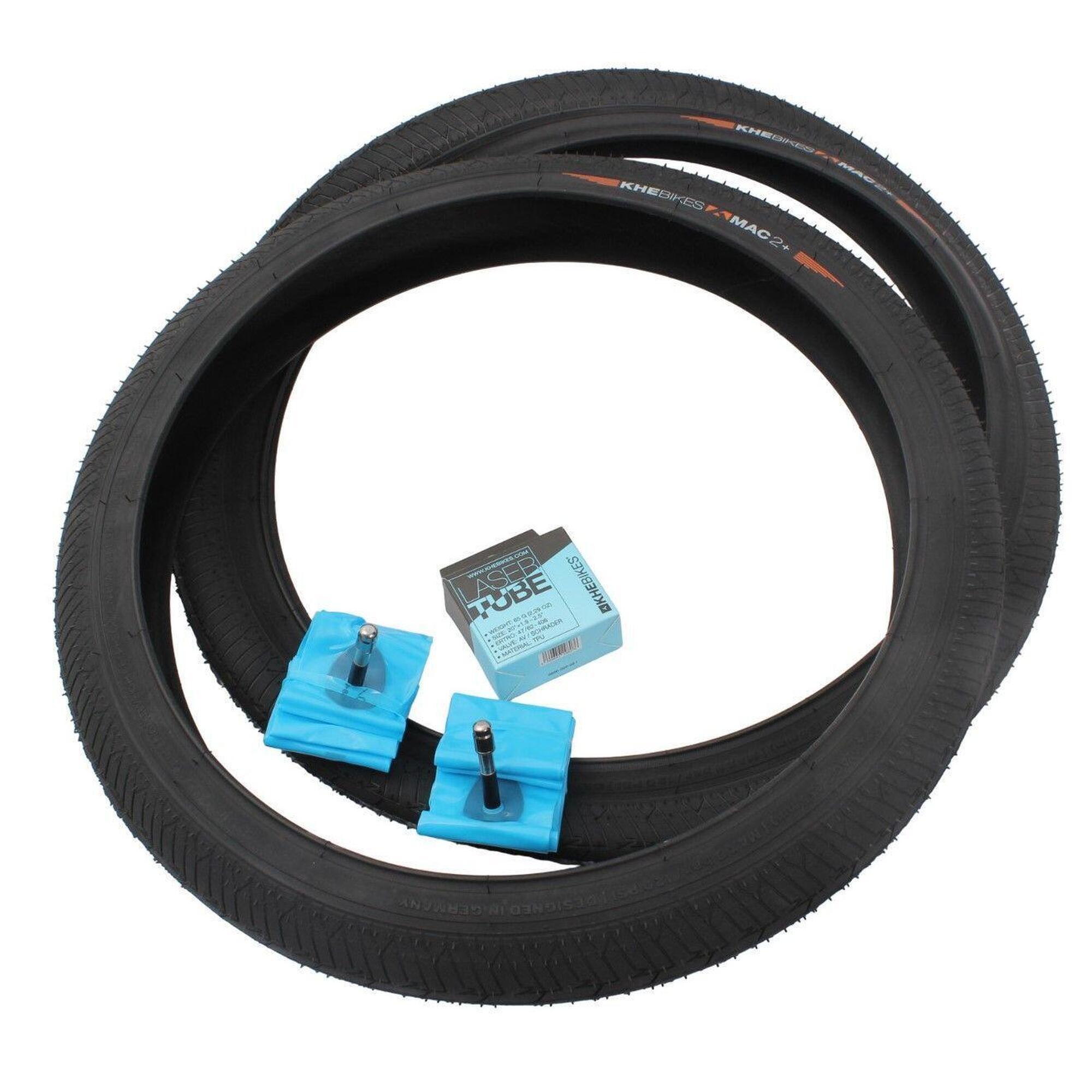BMX opony 2x MAC2+ drut czarne + 2x dętki KHE LASER
