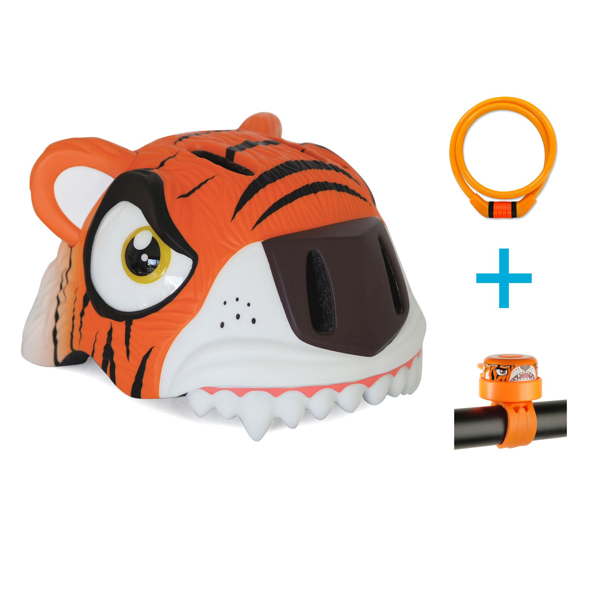 Crazy Safety Pack - dziecięcy kask rowerowy, zapięcie i dzwonek: Tiger Orange