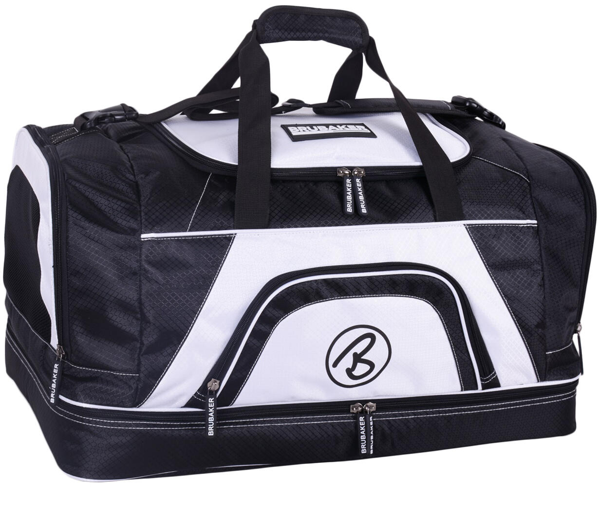 BRUBAKER torba sportowa 52 L - z przegrodą na mokre rzeczy i buty - czarno-biała