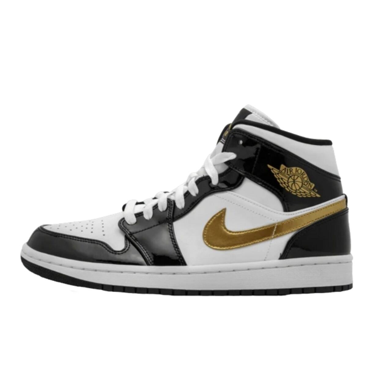 Air Jordan 1 Mid Patent Black White Gold