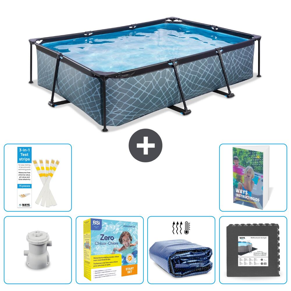 EXIT TOYS Basen Prostokątny - Efekt kamienia - 300x200x65 cm - 7-częściowy S285