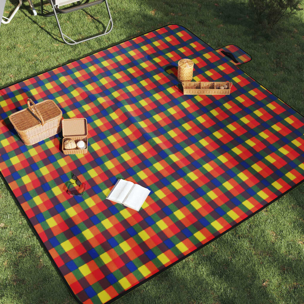 VidaXL Składany koc piknikowy 200x200 cm welur w kratę z pokrowcem
