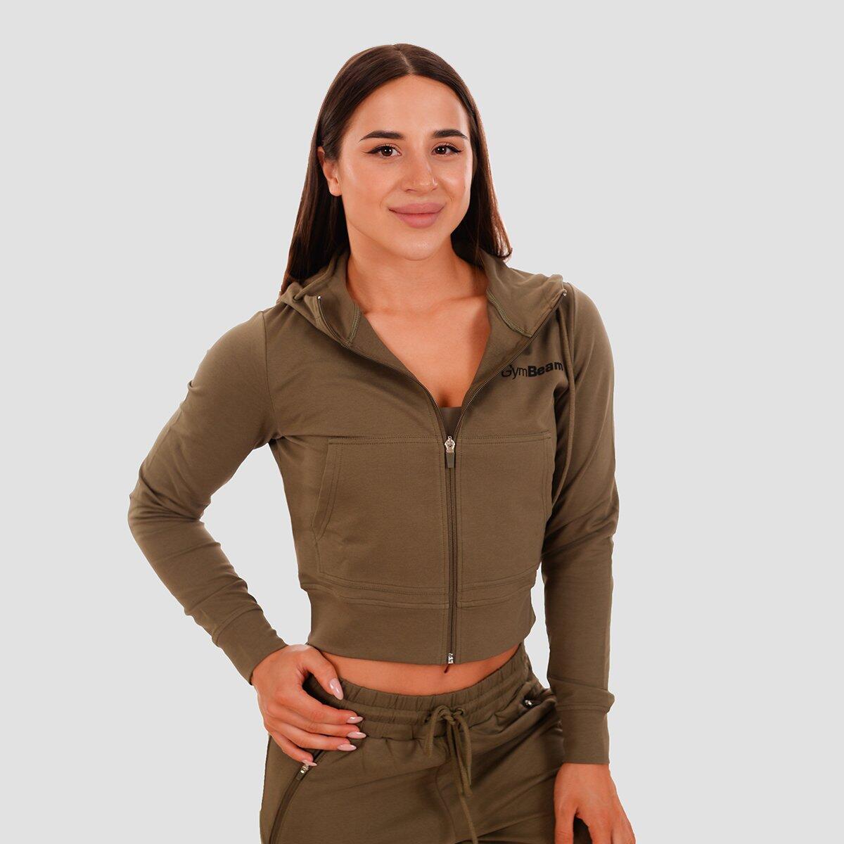Bluza damska fitness z kapturem i zamkiem oliwkowa TRN