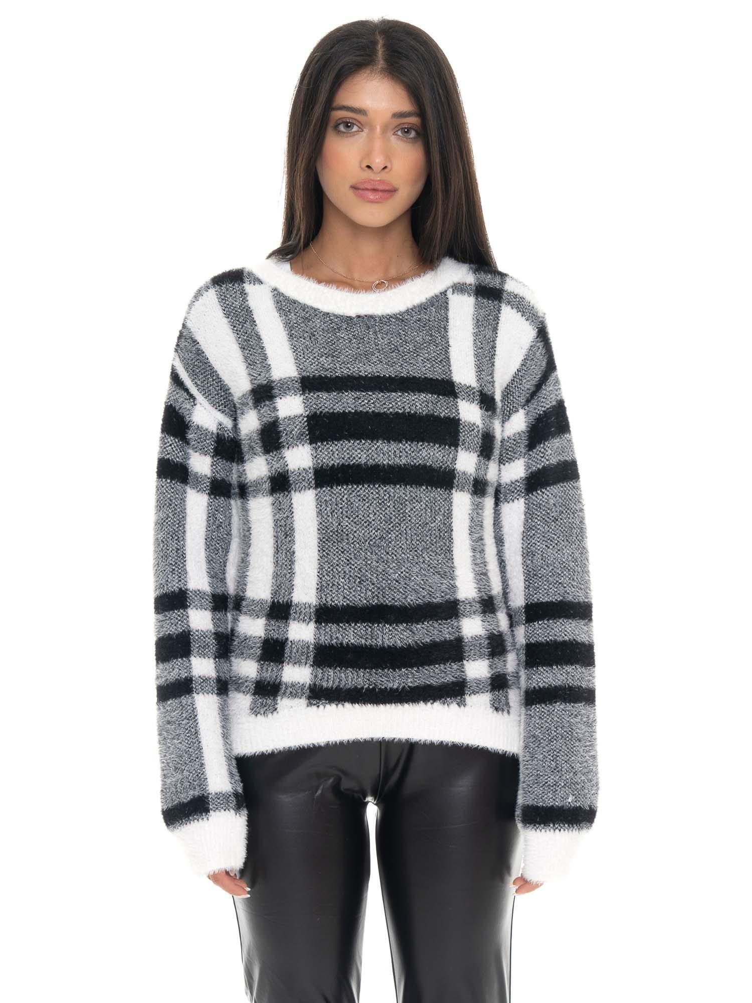 Leone 1947 Glam Winter damski sweter w kratkę z okrągłym dekoltem i metką z logo