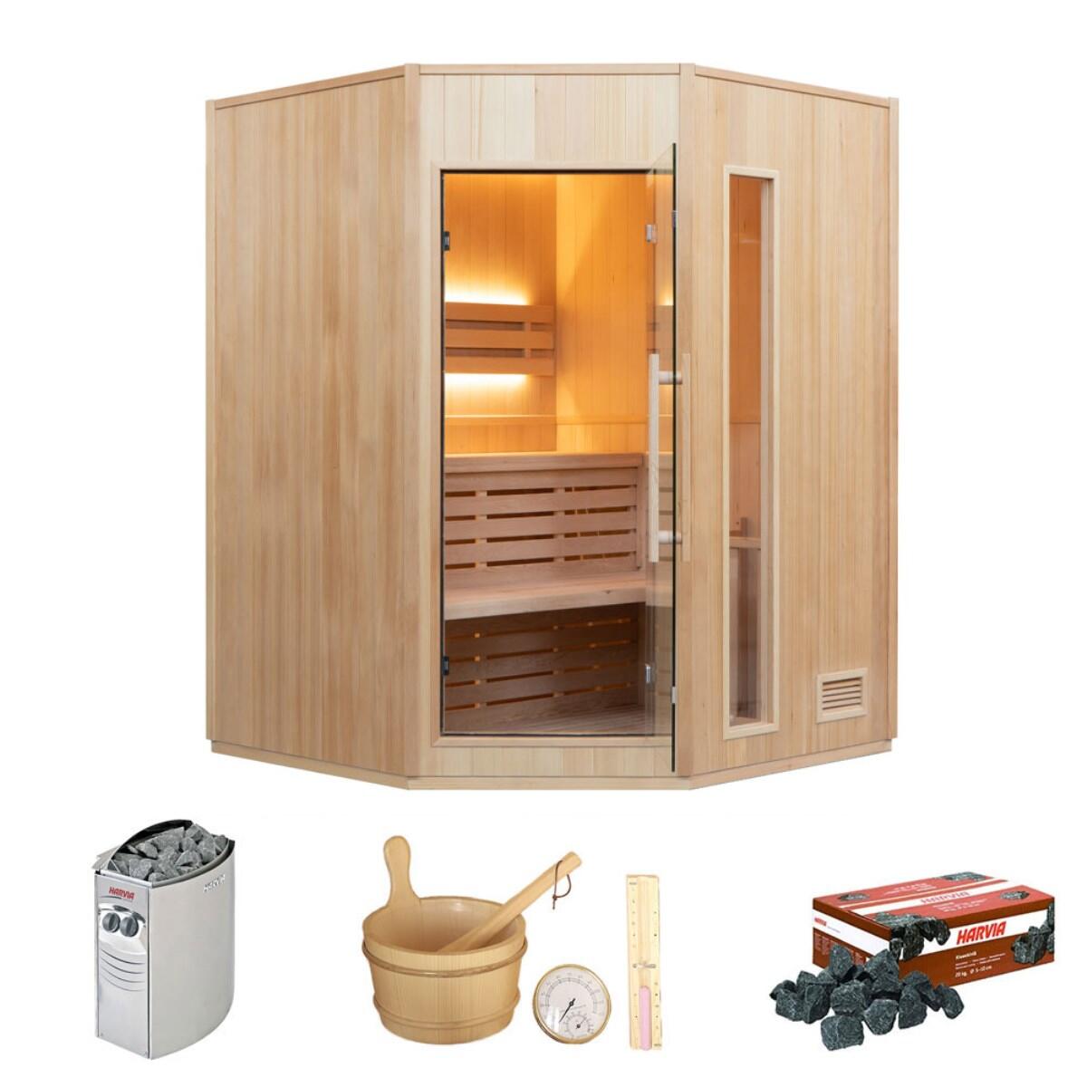 Sauna narożna Zen 3/4 osoby z kanadyjskiego świerku, piec Harvia w zestawie