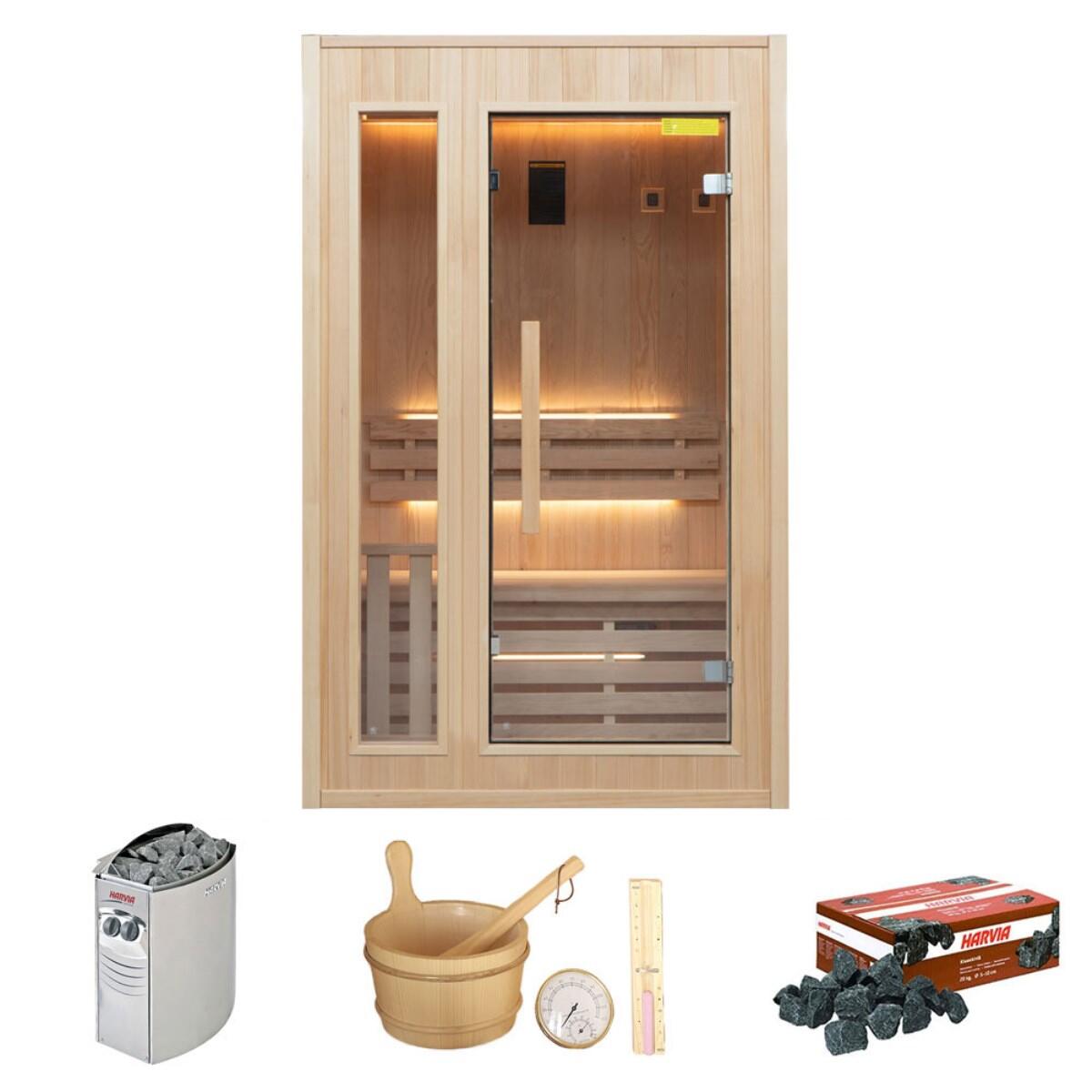 Tradycyjna sauna Zen 2-osobowa z kanadyjskiego świerku, piec i akcesoria