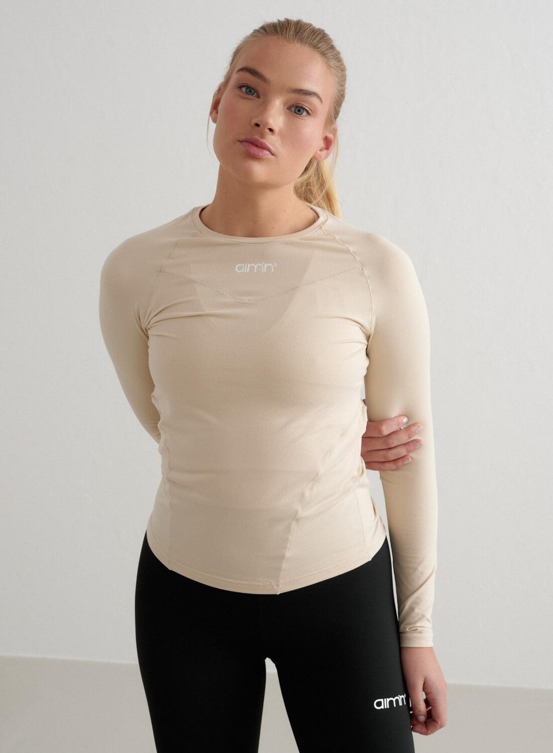 Damski top z długim rękawem ultramiękki, szybkoschnący Soft Basic beżowy