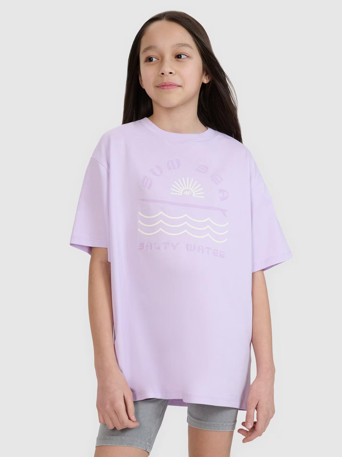 T-shirt oversize z nadrukiem dziewczęcy 4F 4FJWSS25TTSHF1870