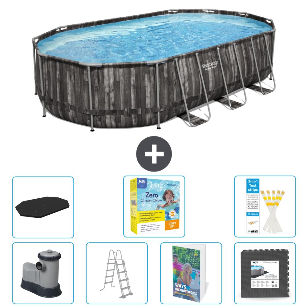 BESTWAY Basen Power Steel Owalny - 610x366x122 cm - 8-częściowy S607