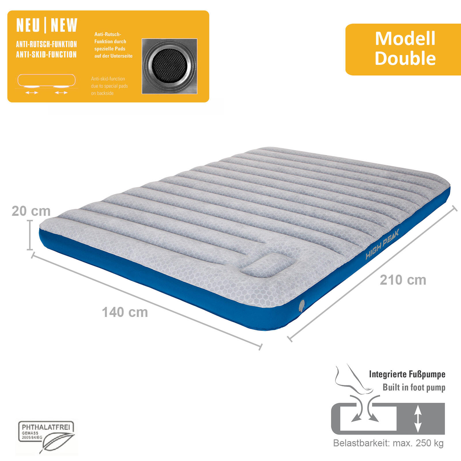 Materac Welurowy High Peak Cross Beam Double Extra Long j.szary niebieski 40045