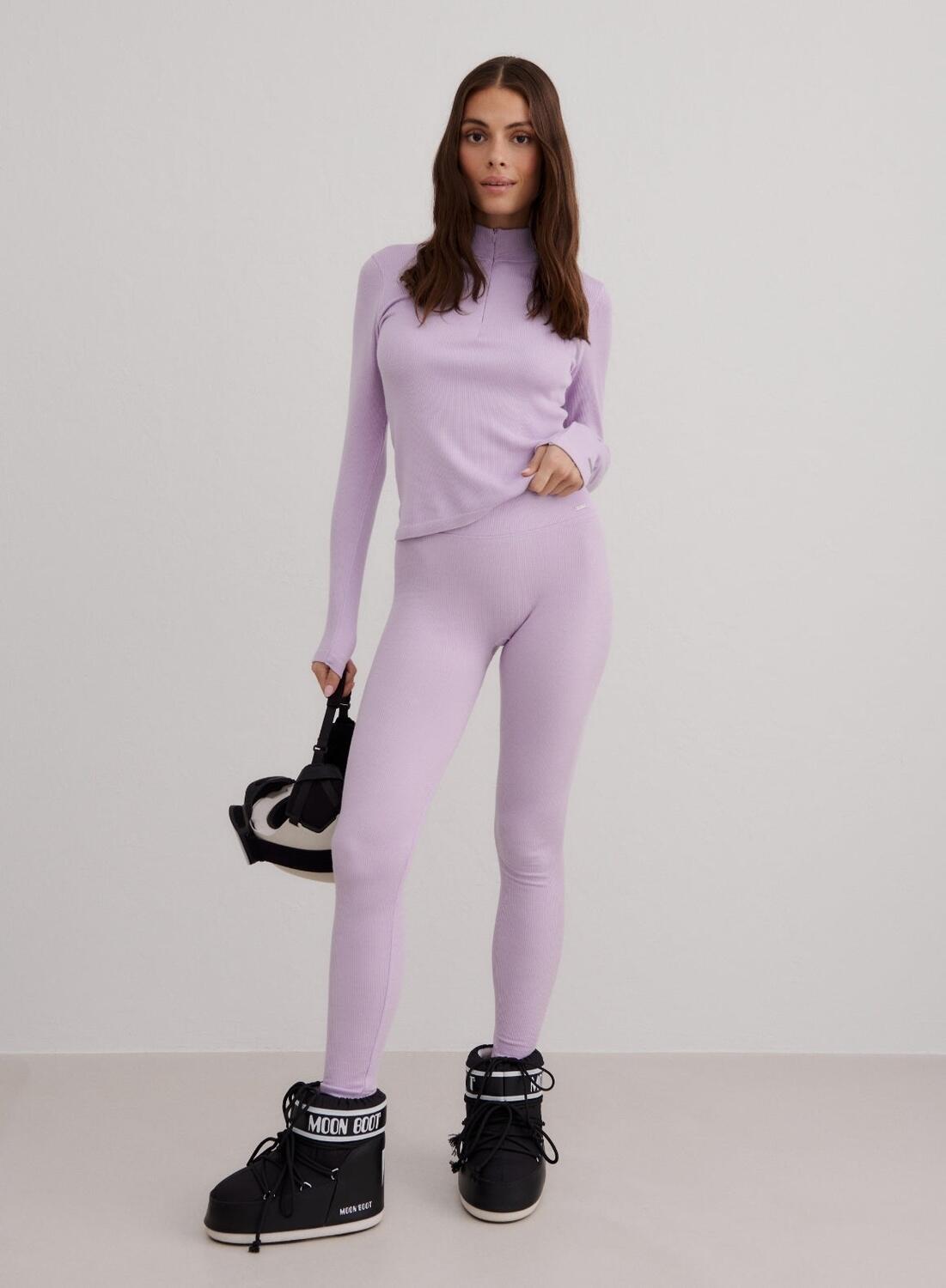 Damskie legginsy prążkowane, wełniane, z wysokim stanem fioletowe