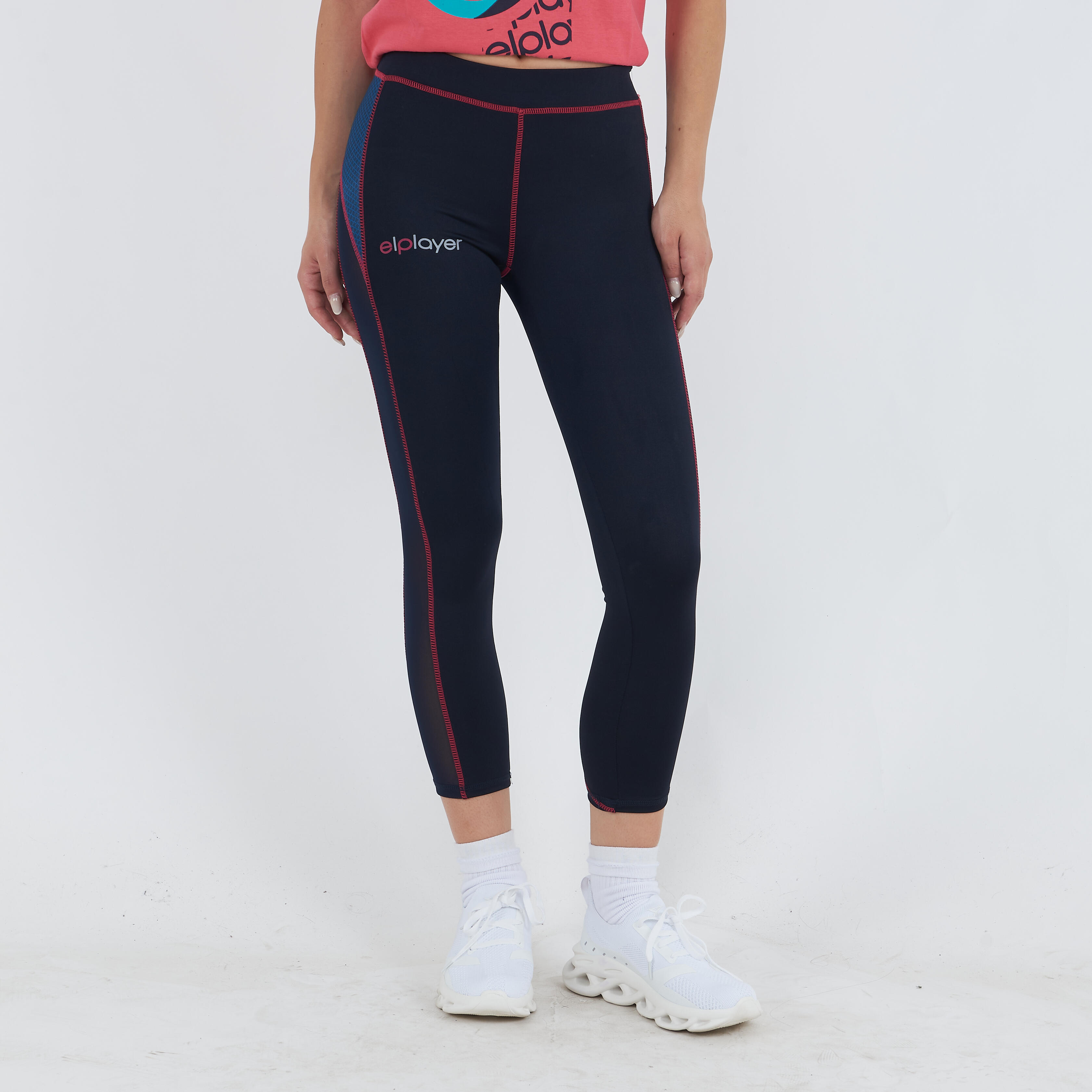 Legginsy Capri stretch do biegania niebiesko-ciemnoróżowe