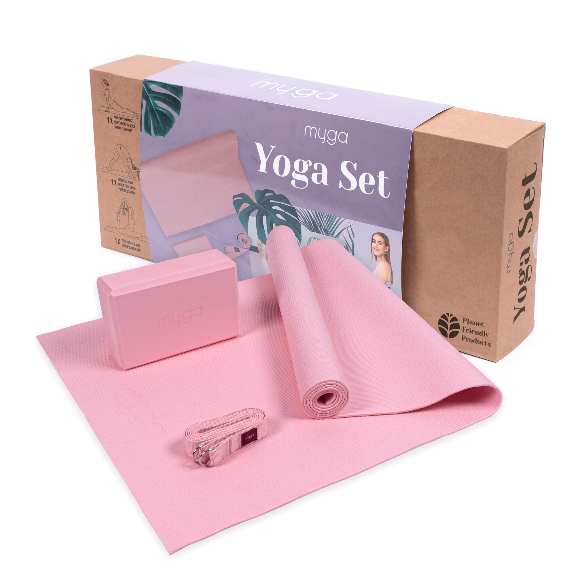 Zestaw do jogi myga Yoga Starter Kit: mata, klocek, pasek - pudrowy róż