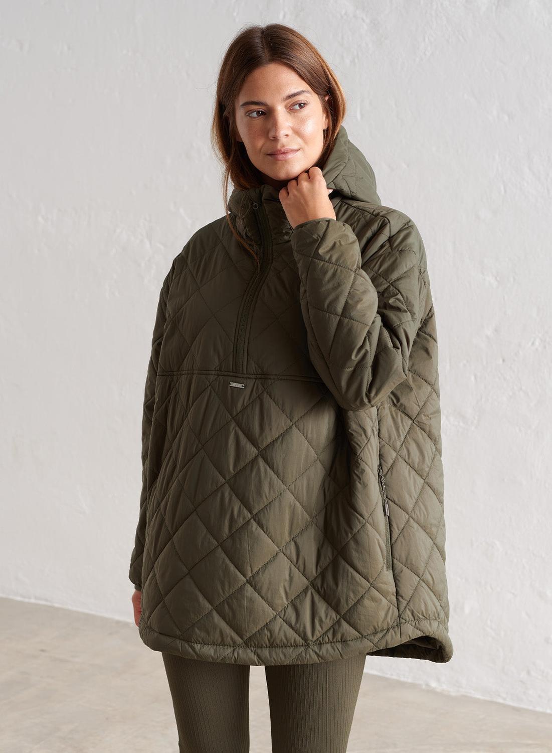 Damski anorak oversize'owy, pikowany, hydrofobowy zielony khaki