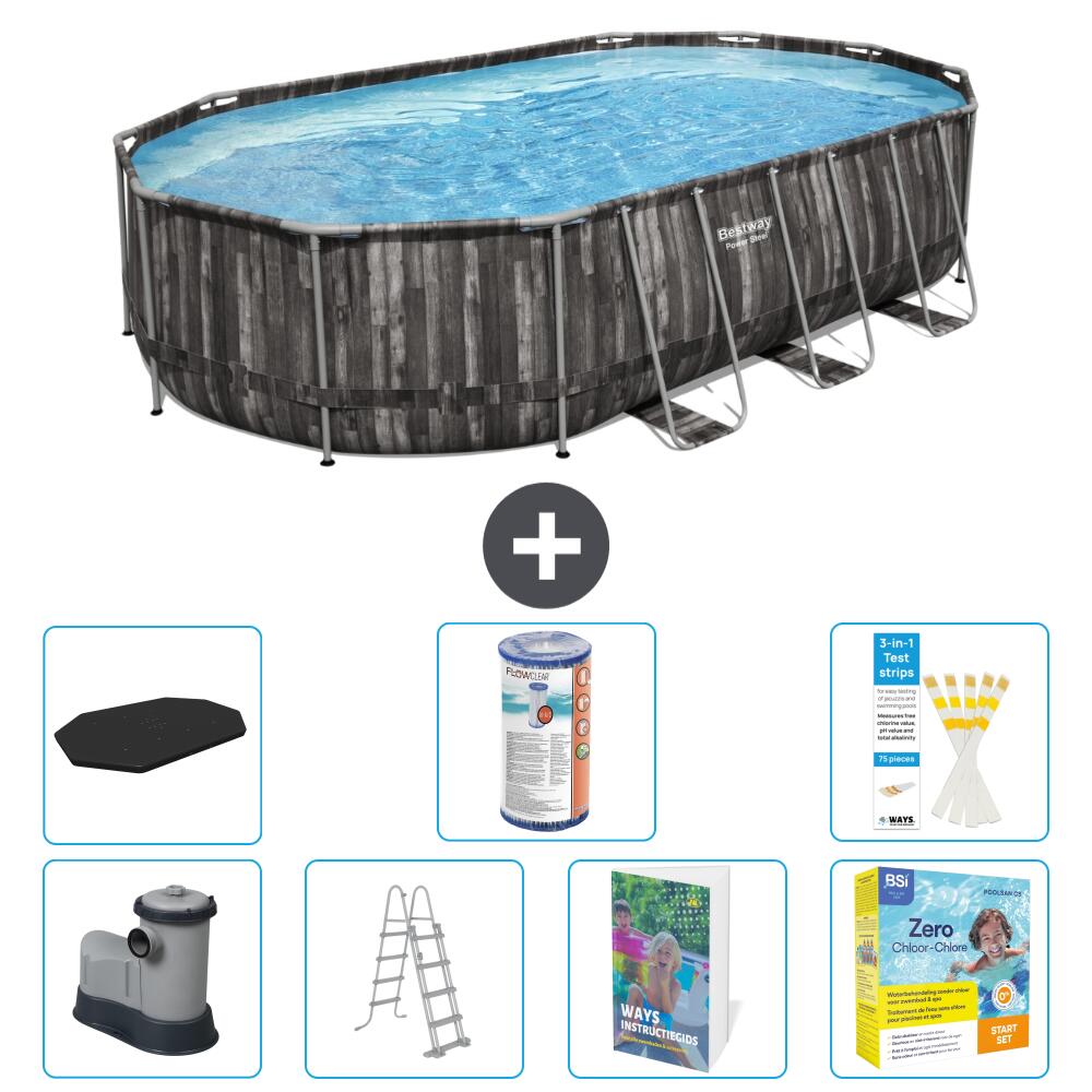 BESTWAY Basen Power Steel Owalny - 610x366x122 cm - 8-częściowy S572