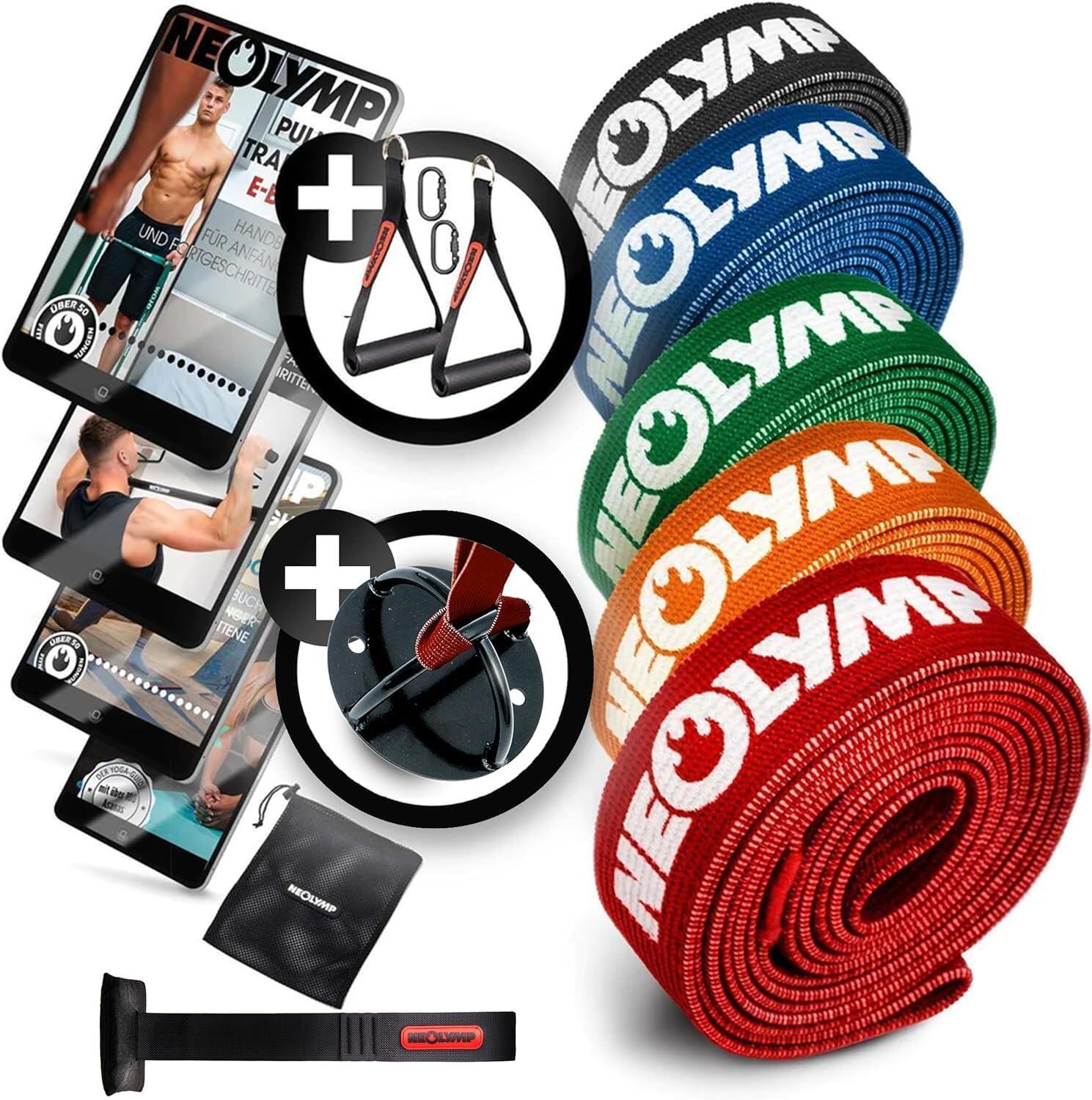 Zestaw taśm fitness z tkaniny – 5 oporów z uchwytami i mocowaniem ściennym