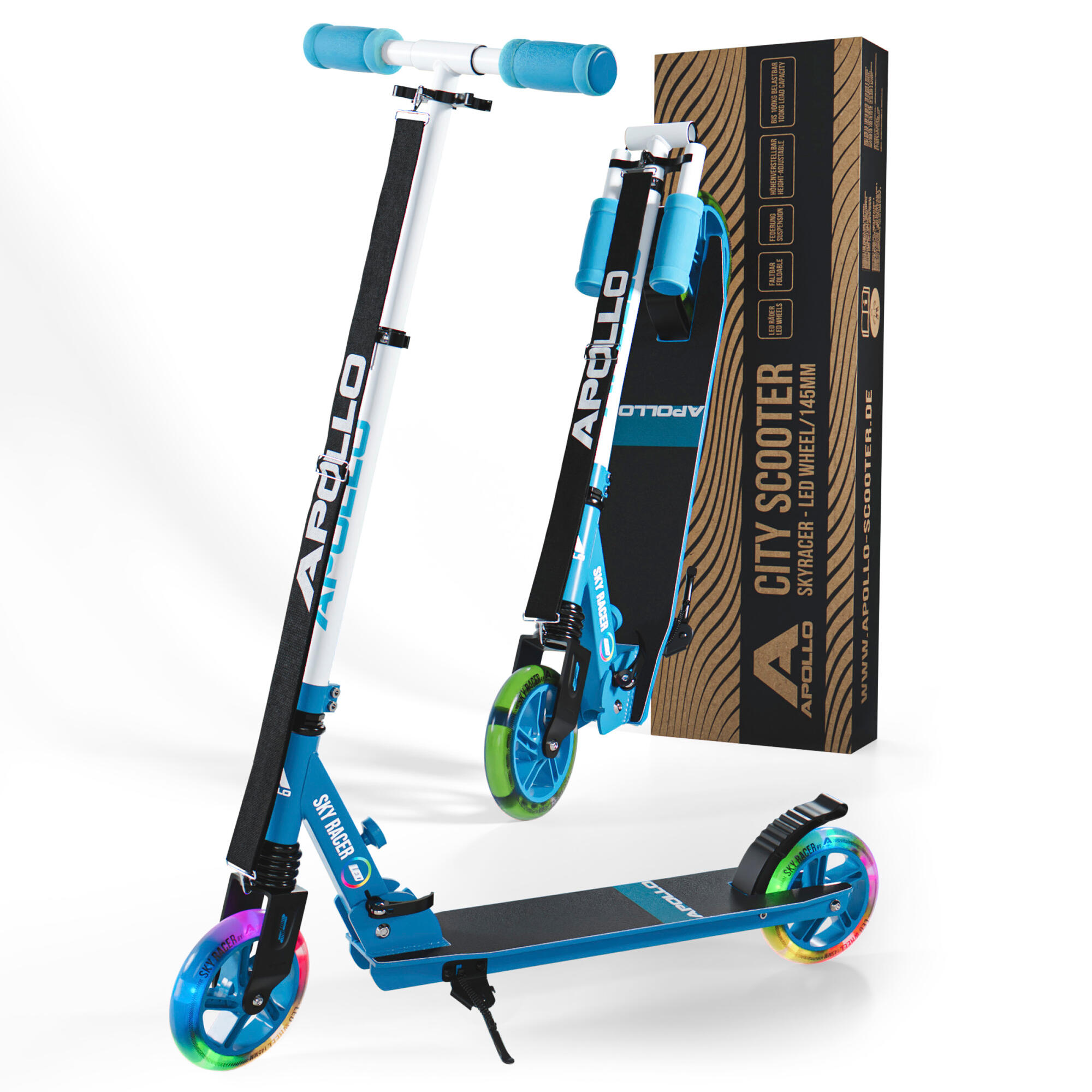 Apollo SkyRacer Hulajnoga 145 mm składana z amortyzacją i kołami LED
