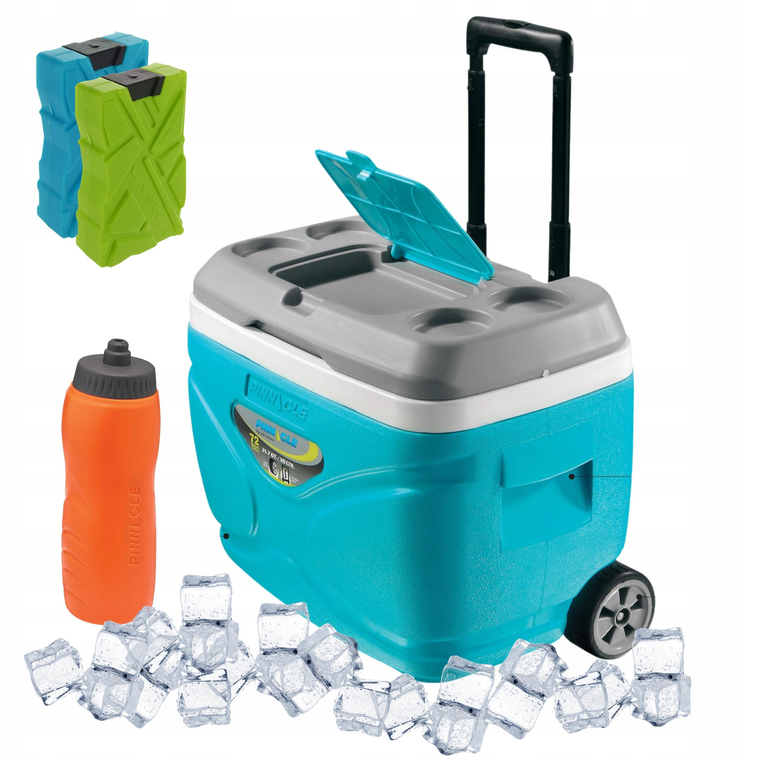 Lodówka turystyczna kółka Pinnacle 30L błękitna + 2 wkłady 330ml + bidon 1L