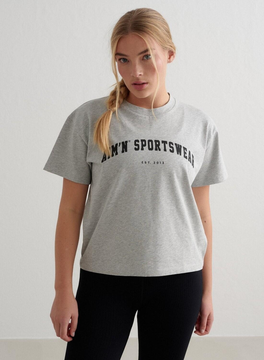 Damski T-shirt, krótki rękaw, pudełkowy, bawełna organiczna Varsity szary melanż
