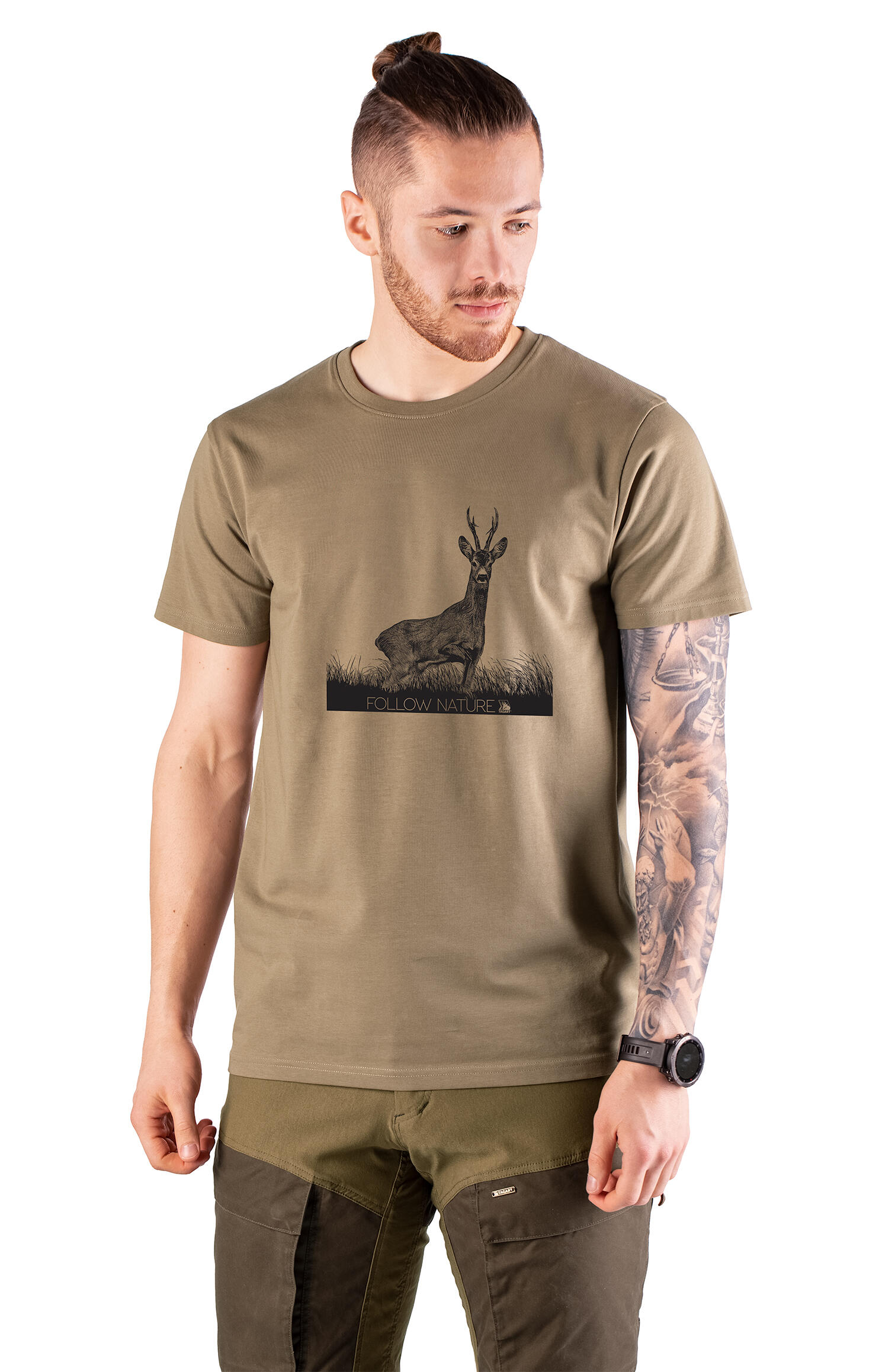 T-shirt myśliwski męski Tagart Roedeer Beige z nadrukiem