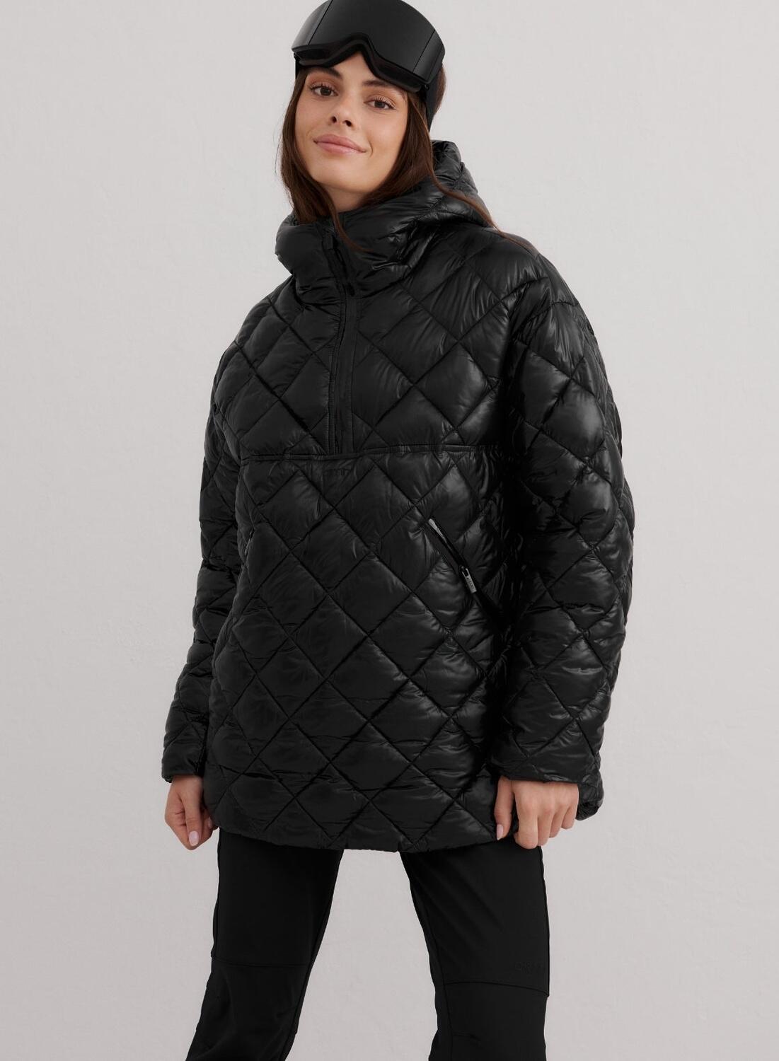 Damski anorak ocieplany, pikowany w romby, regulowany kaptur Luxe czarny połysk
