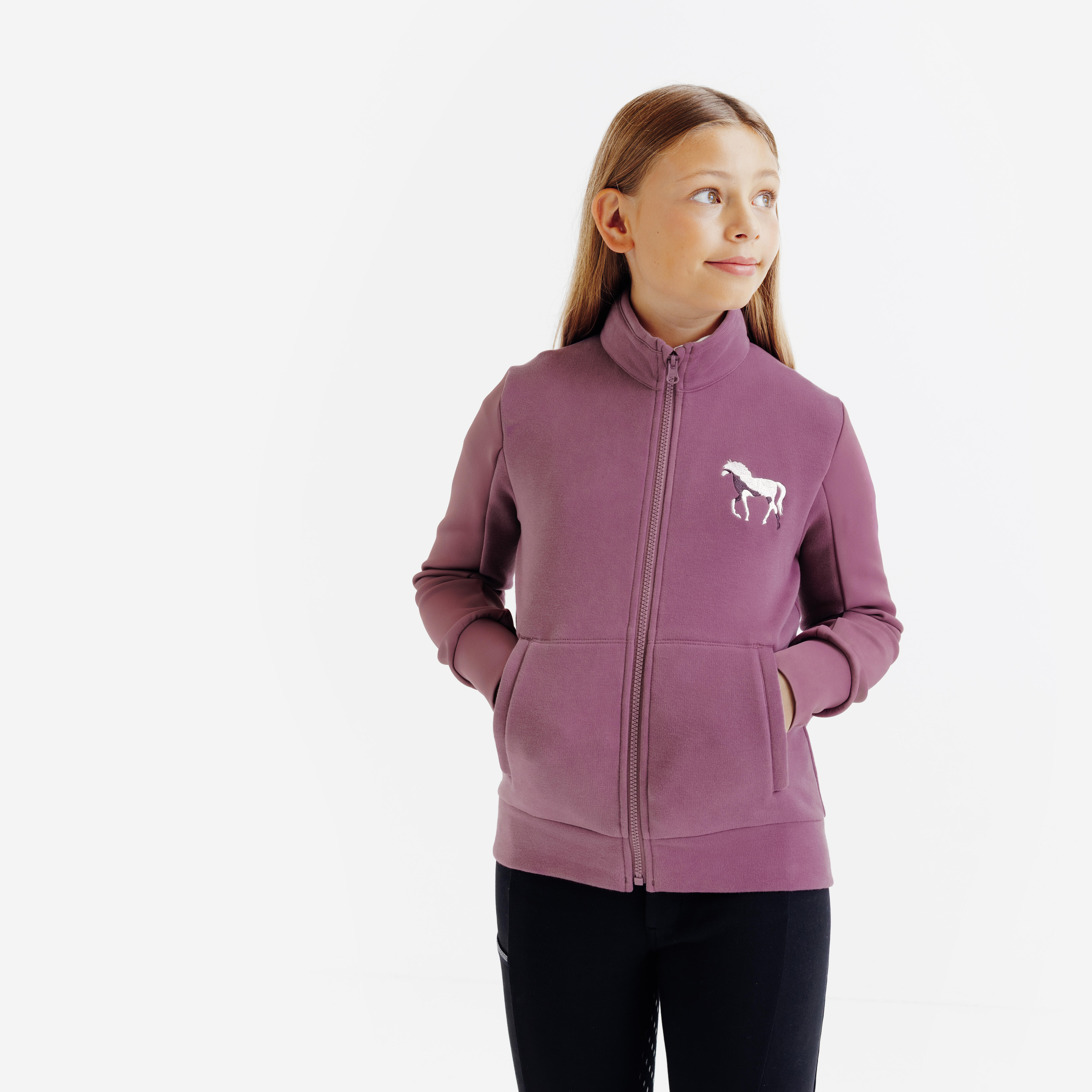 Bluza jeździecka dziecięca 500 z zamkiem – jasny fiolet