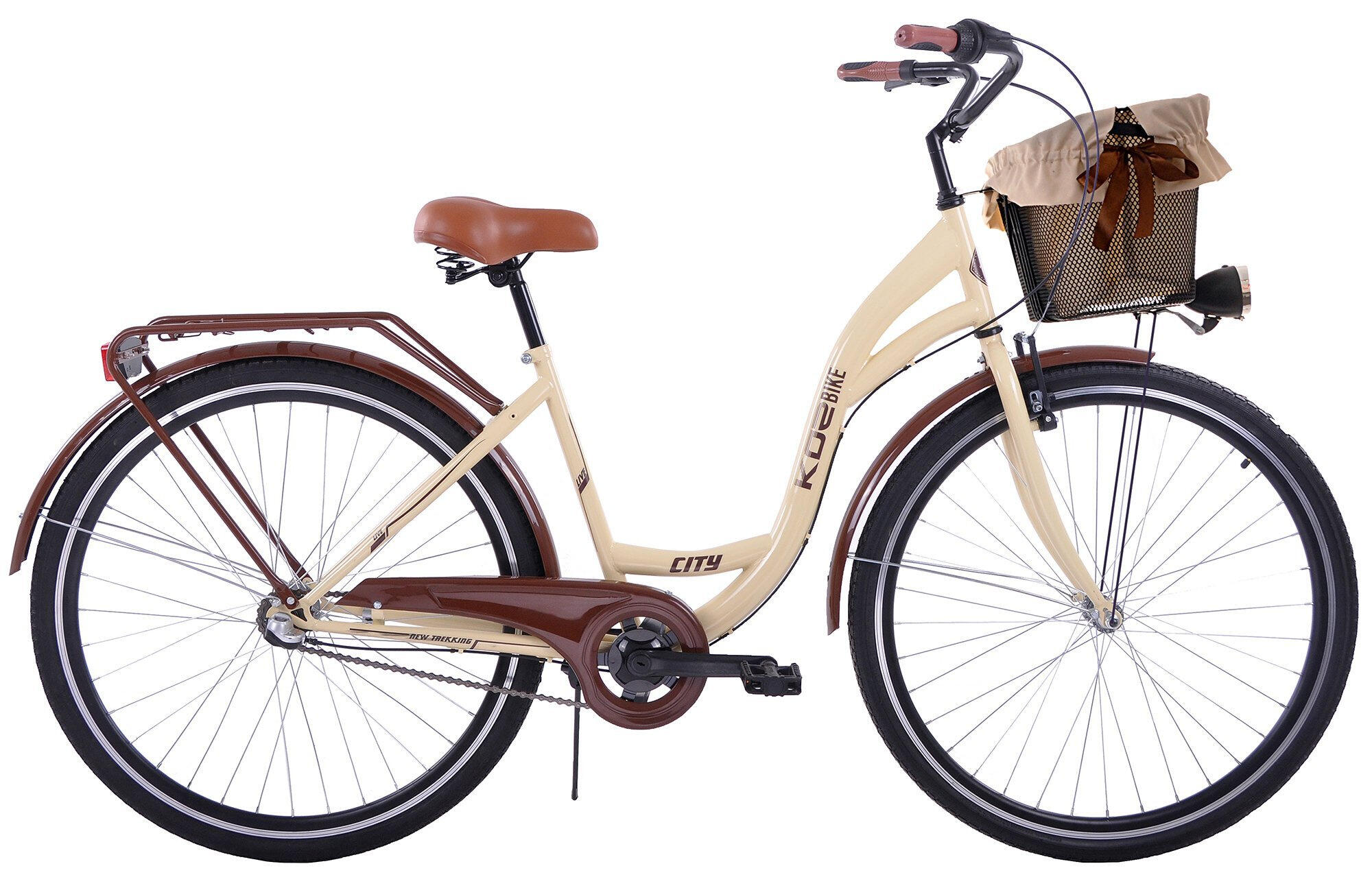 (K23) Rower miejski damski Kozbike 28 3S kremowo-brązowy z koszem i wkładką