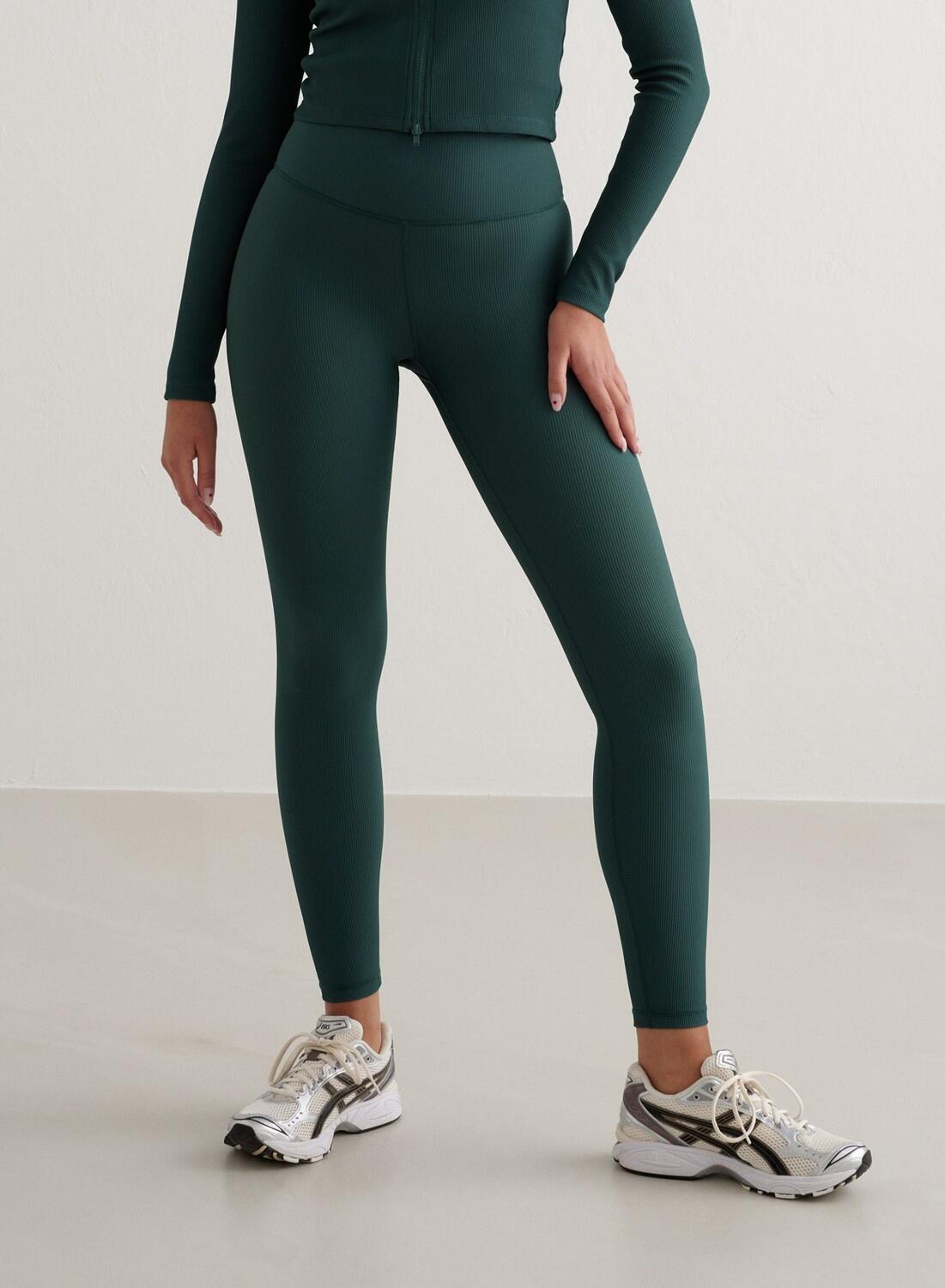 Damskie legginsy wysoki stan, kieszonka Ribbed Performance ciemnoszmaragdowe