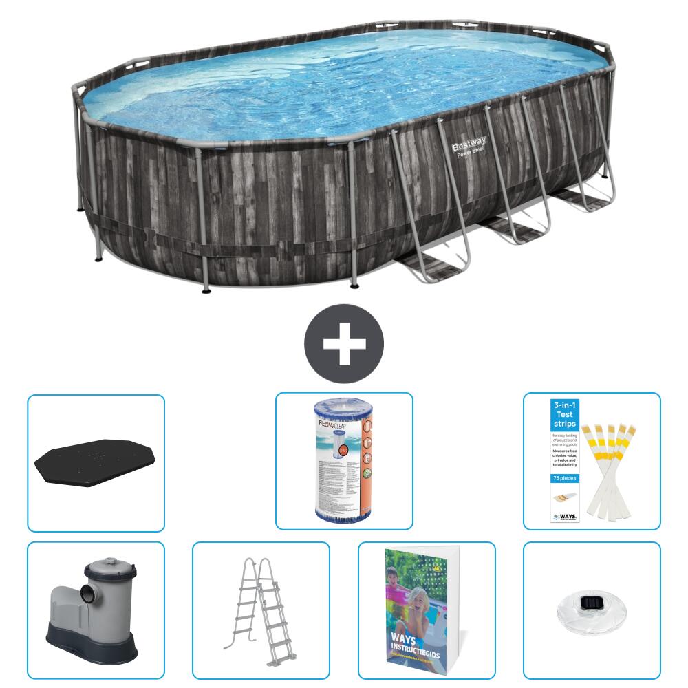 BESTWAY Basen Power Steel Owalny - 610x366x122 cm - 8-częściowy S622