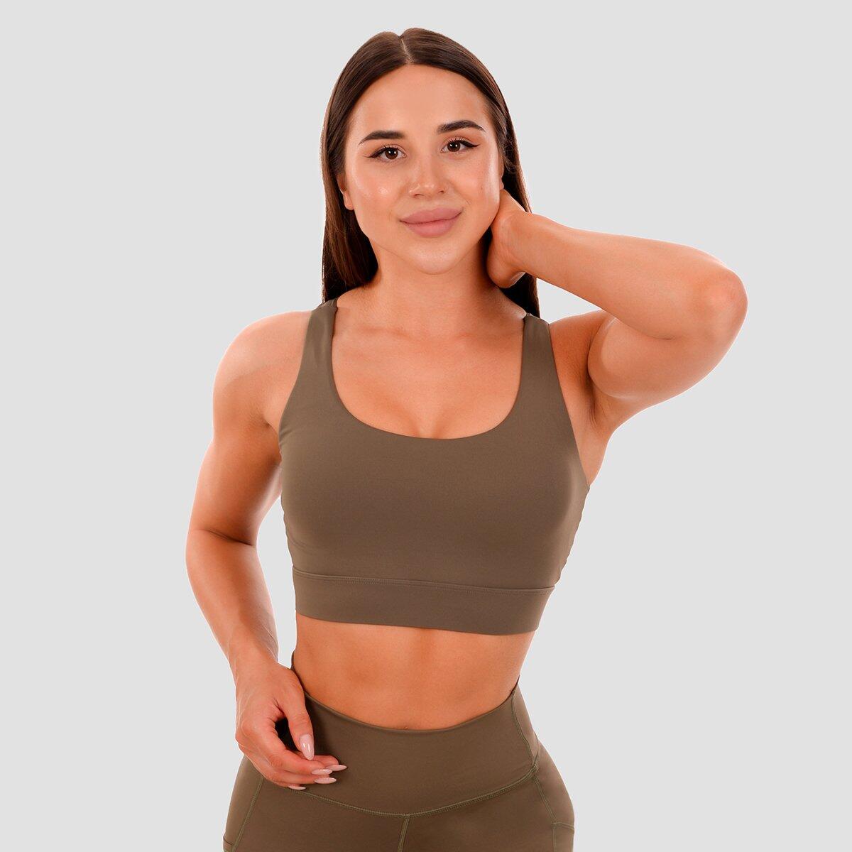 Biustonosz sportowy damski fitness z wycięciem oliwkowy Cut-Out