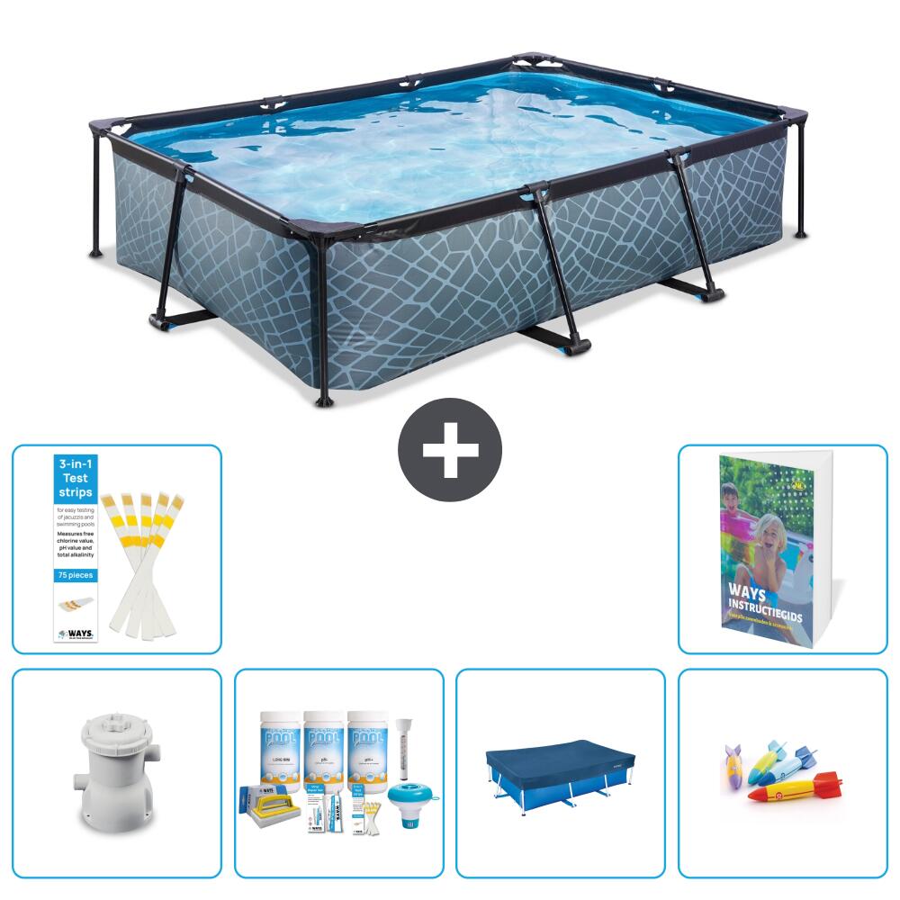 EXIT TOYS Basen Prostokątny - Efekt kamienia - 300x200x65 cm - 7-częściowy S200