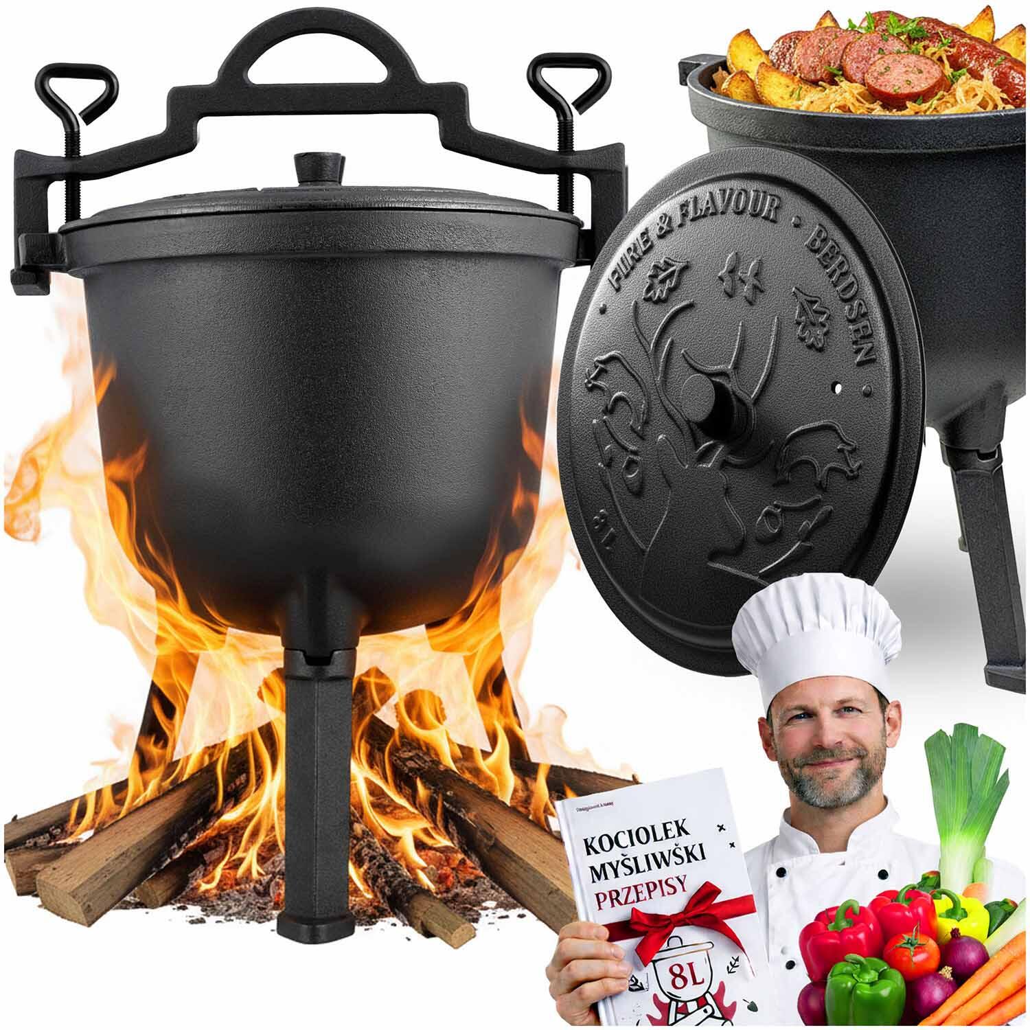 Kociołek żeliwny 8L Berdsen BD-482 garnek myśliwski na ognisko grill + przepisy