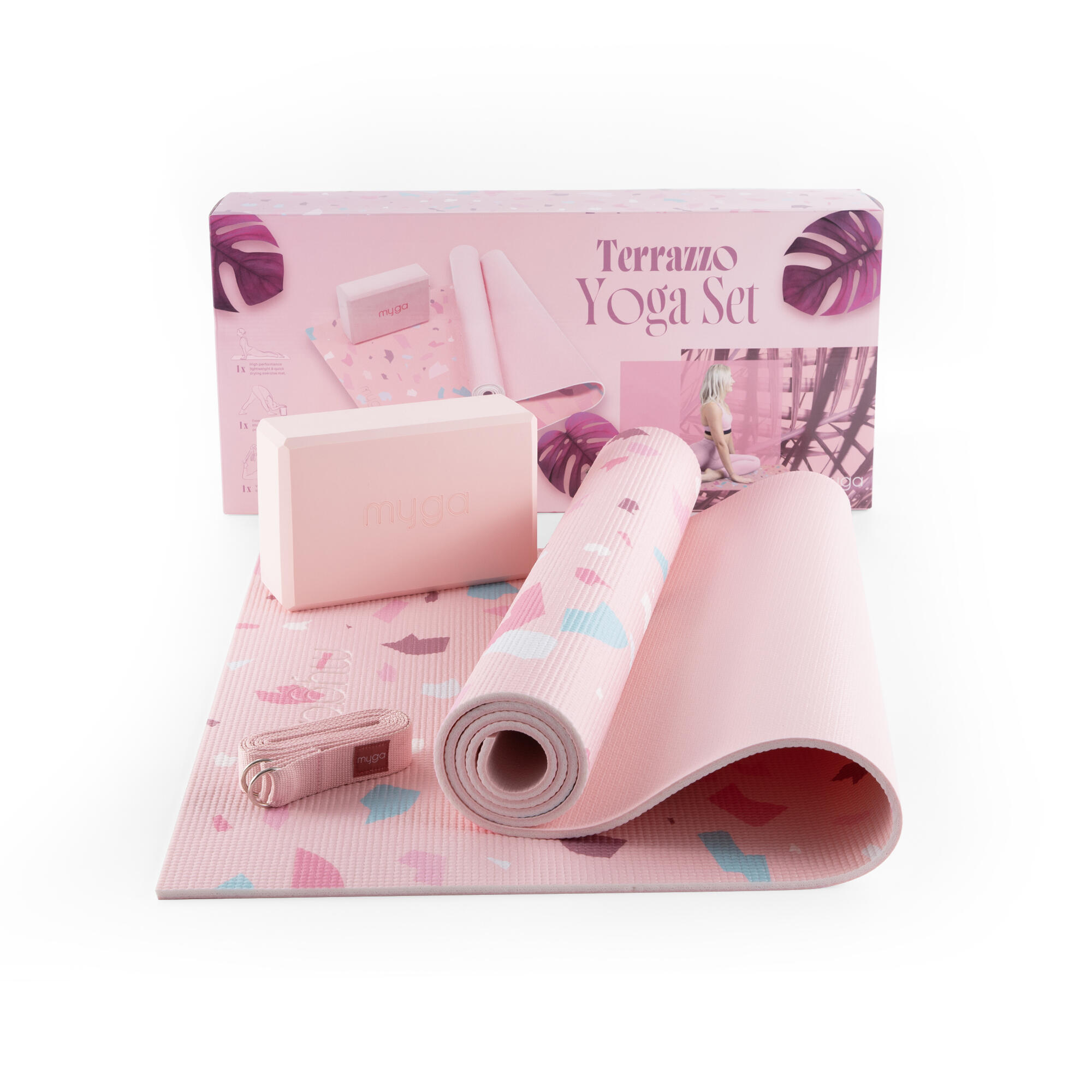 Zestaw do jogi myga Terrazzo Yoga Set: mata, klocek, pasek