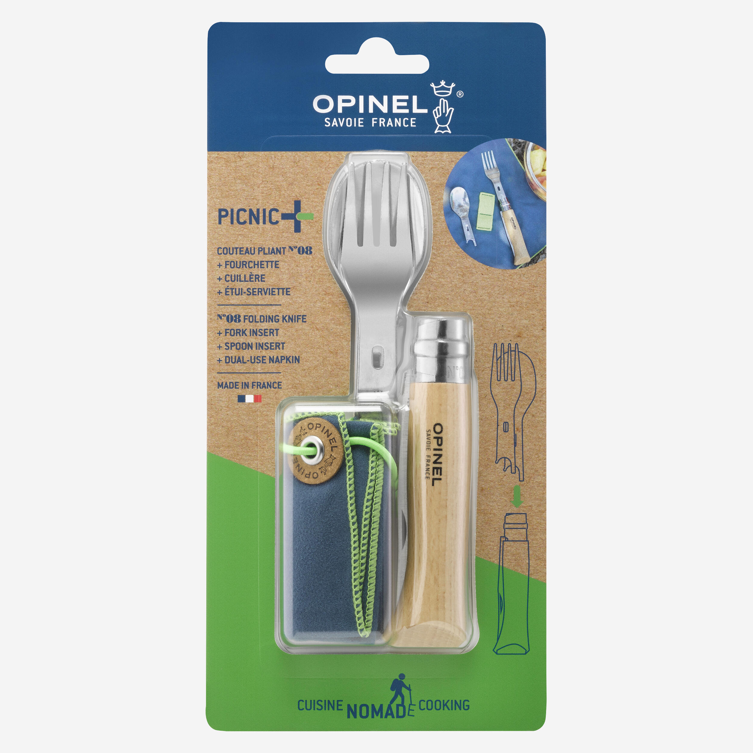 Zestaw turystyczny Opinel Picnic+ nóż nr 8, widelec, łyżka, etui, szmatka