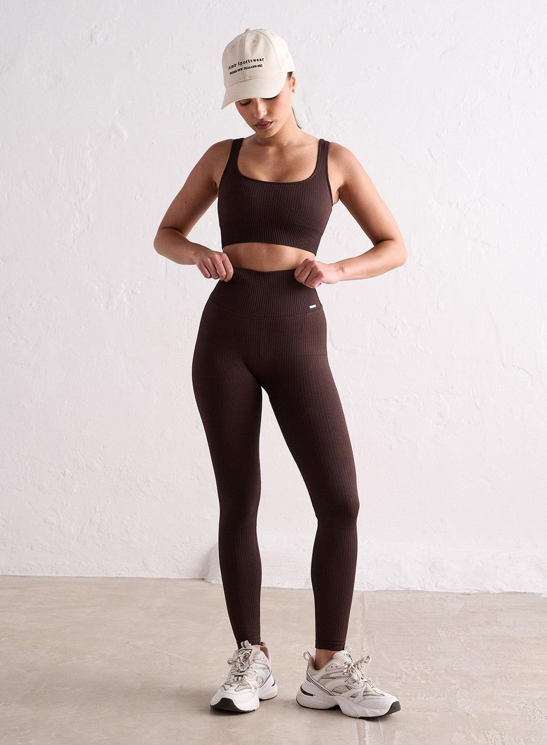 Damskie legginsy bezszwowe, prążkowane, wysoki stan, squat proof brązowe