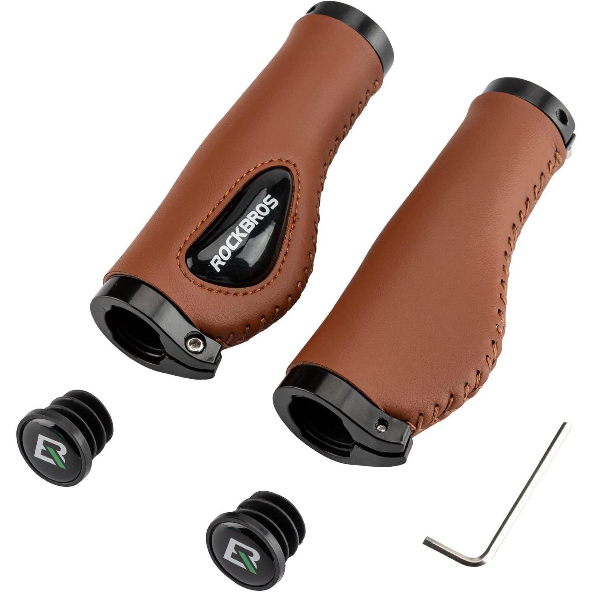 Ergonomiczne gripy rowerowe Rockbros 130mm skórzane brązowe z żelowymi wkładkami