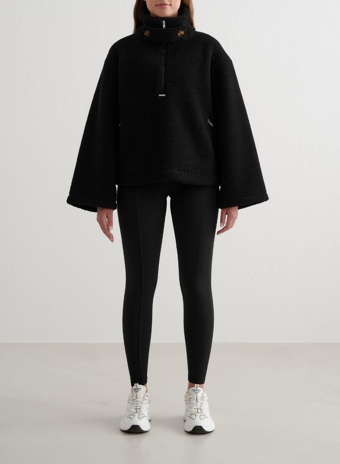 Damski anorak z materiału teddy sherpa, luźny krój, półzamek czarny