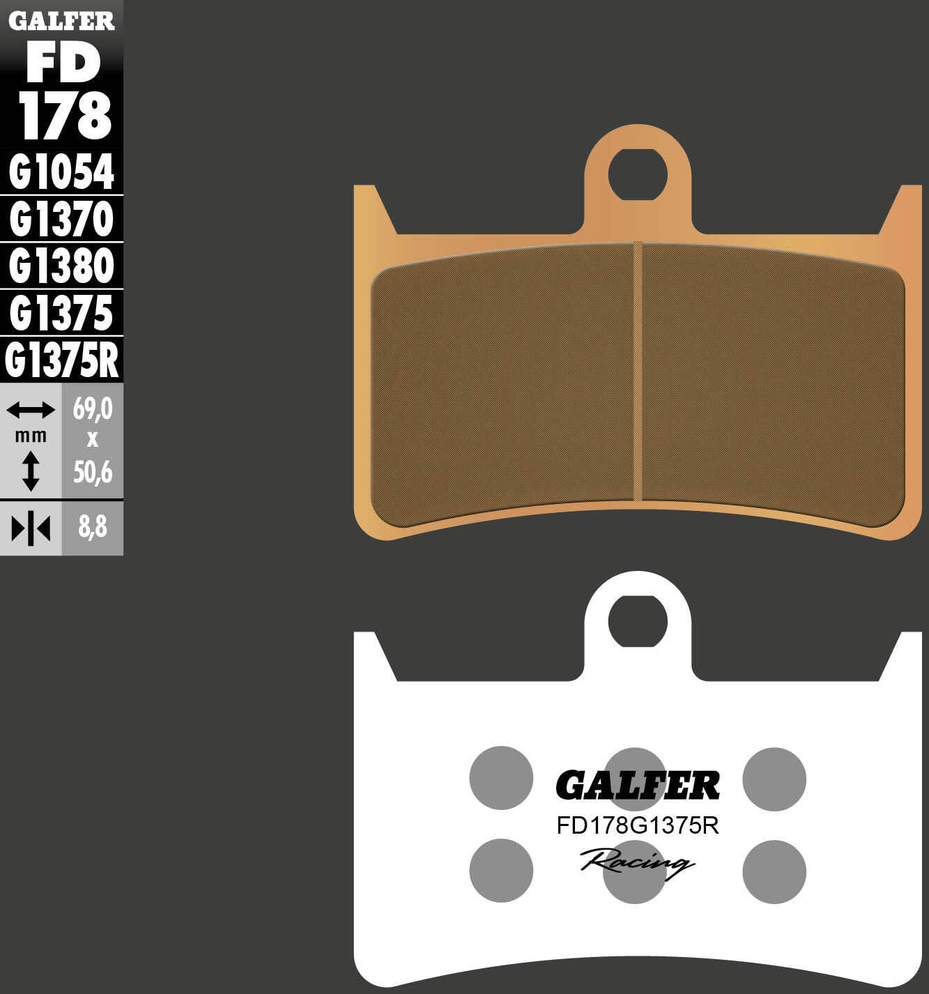 GALFER FD178 klocki hamulcowe tarczowe z metalu spiekanego 75.0 x 50.6 x 8.8 mm